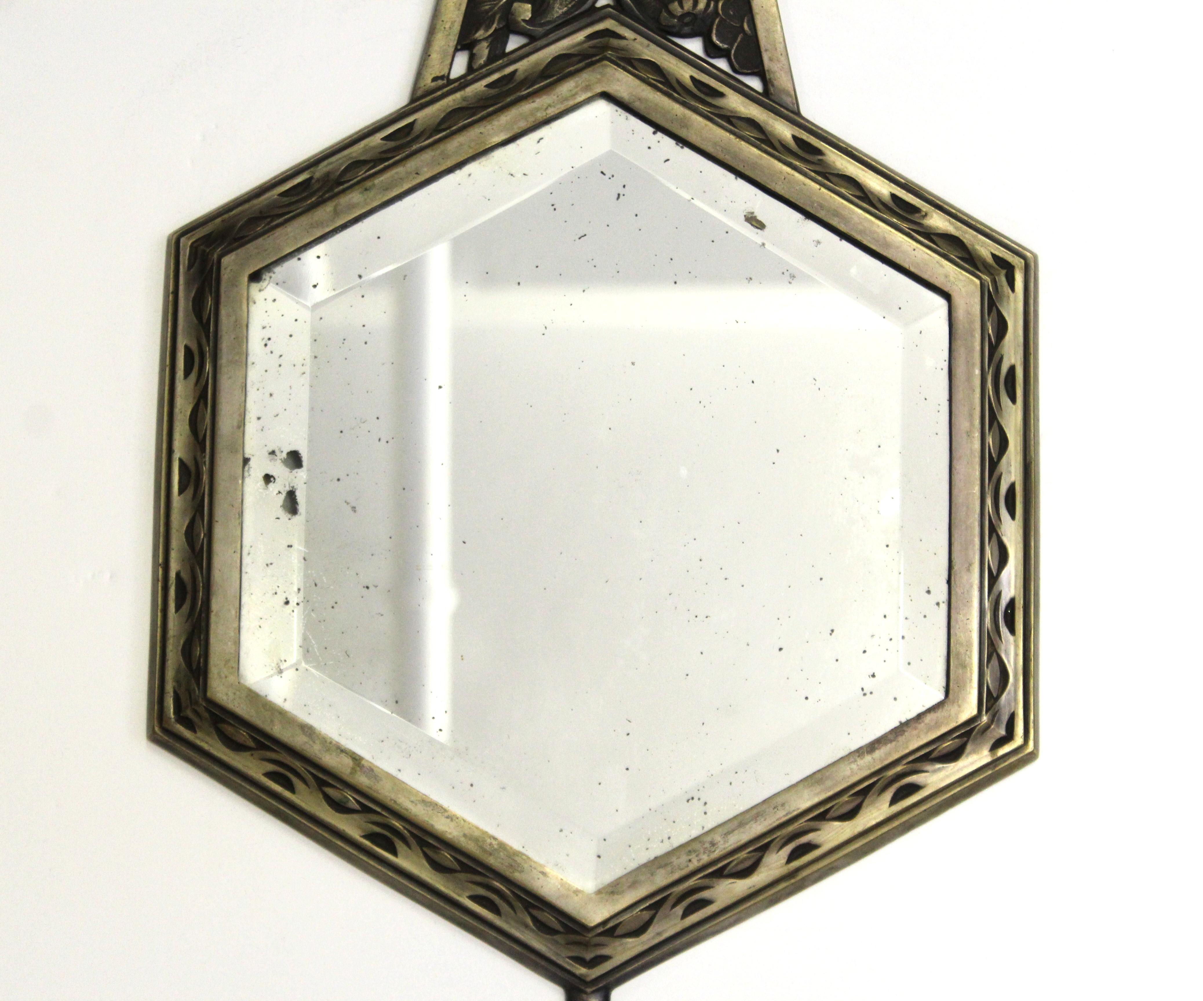 Belgian Art Deco Diminutive Mirror with Nickel Over Bronze Frame & Beveled Glass In Good Condition In New York, NY