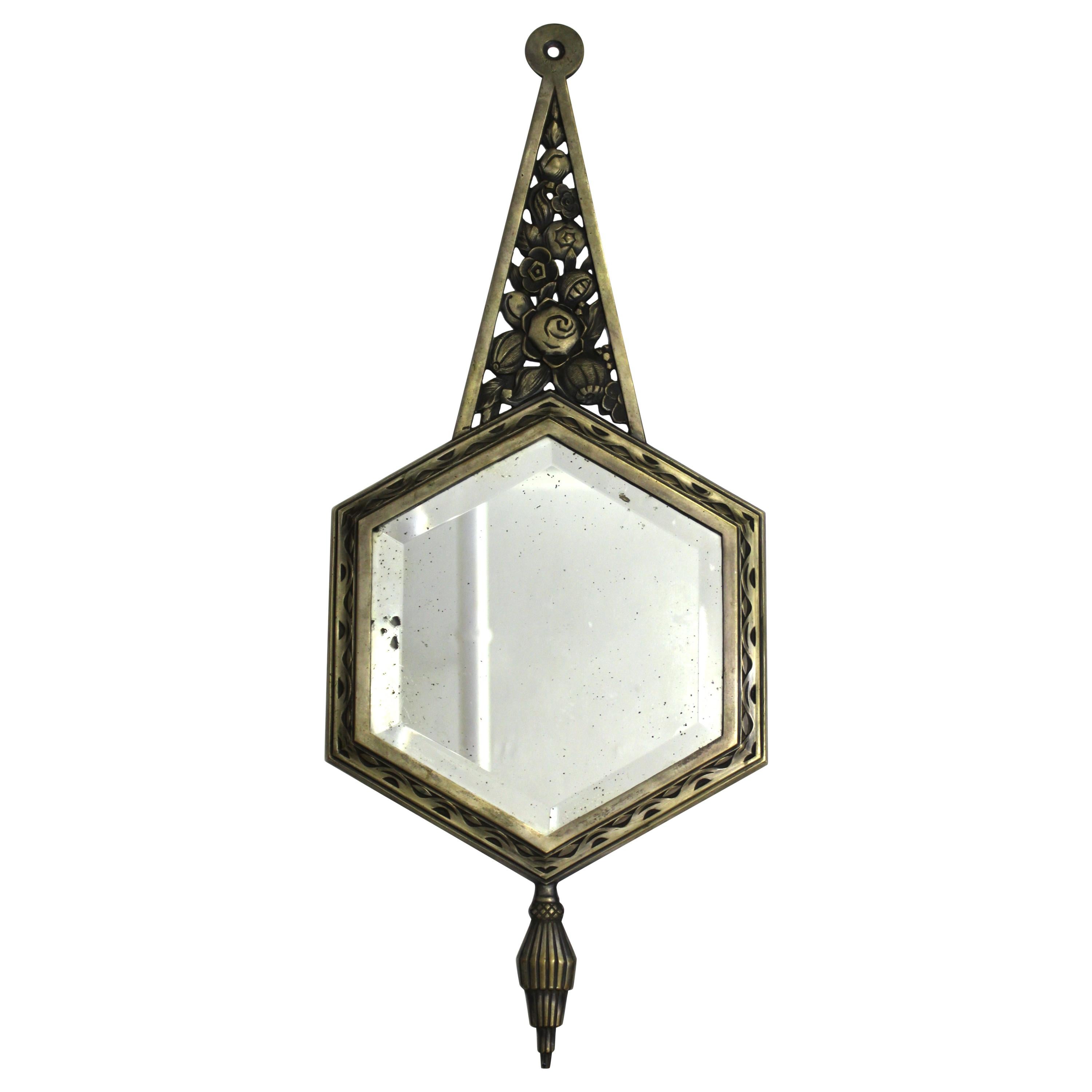Belgian Art Deco Diminutive Mirror with Nickel Over Bronze Frame & Beveled Glass