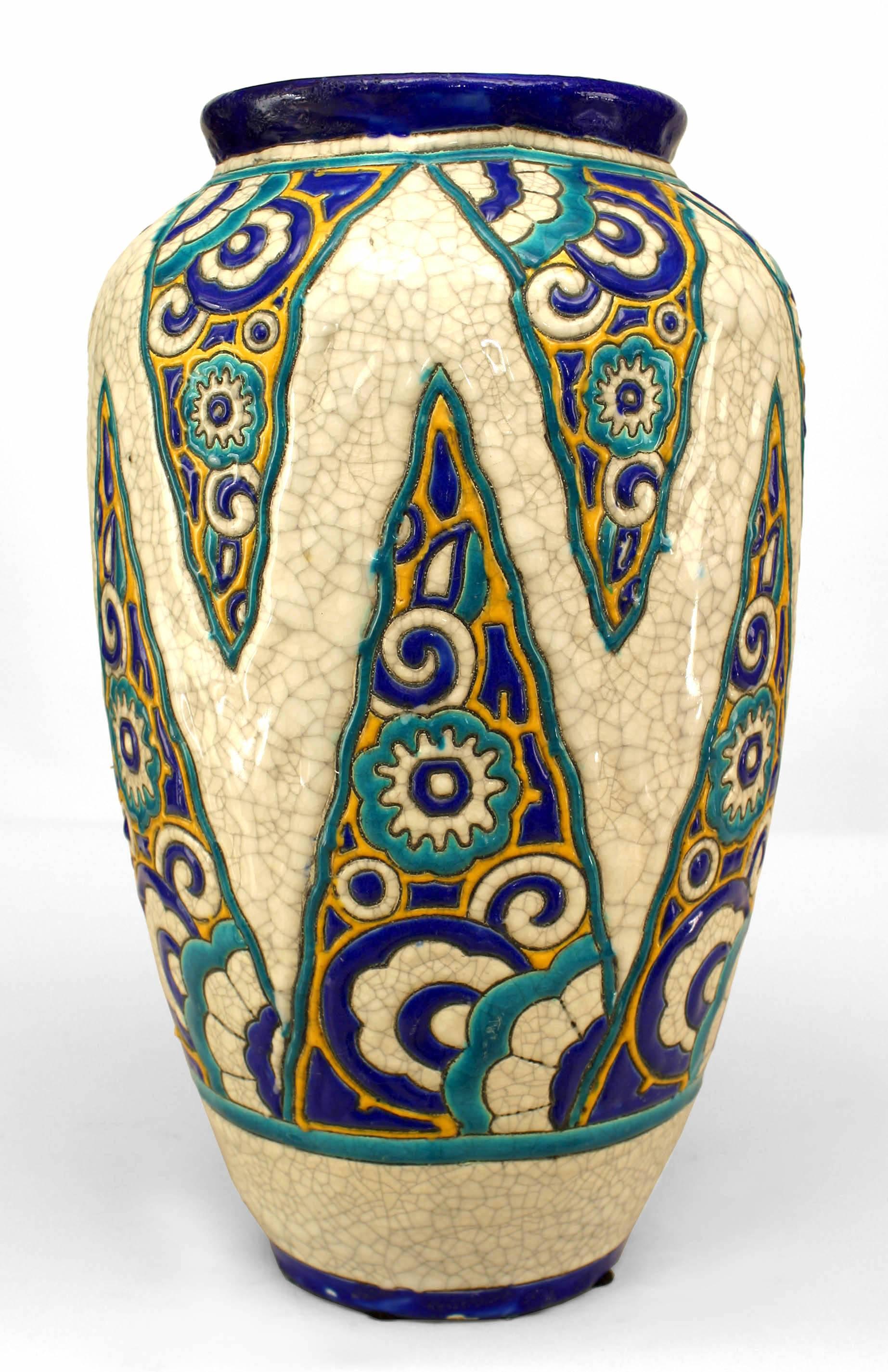 Art Deco (Belgium) crackled earthenware vase with blue & green trim with geometric & circle design stamped Boch Frs LA LOUVIERE .
