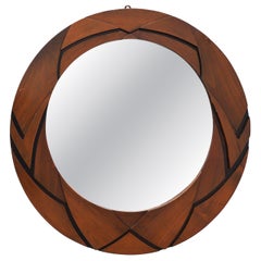 Belgian Art Deco Round Mirror with Geometric Wooden Frame, circa 1920