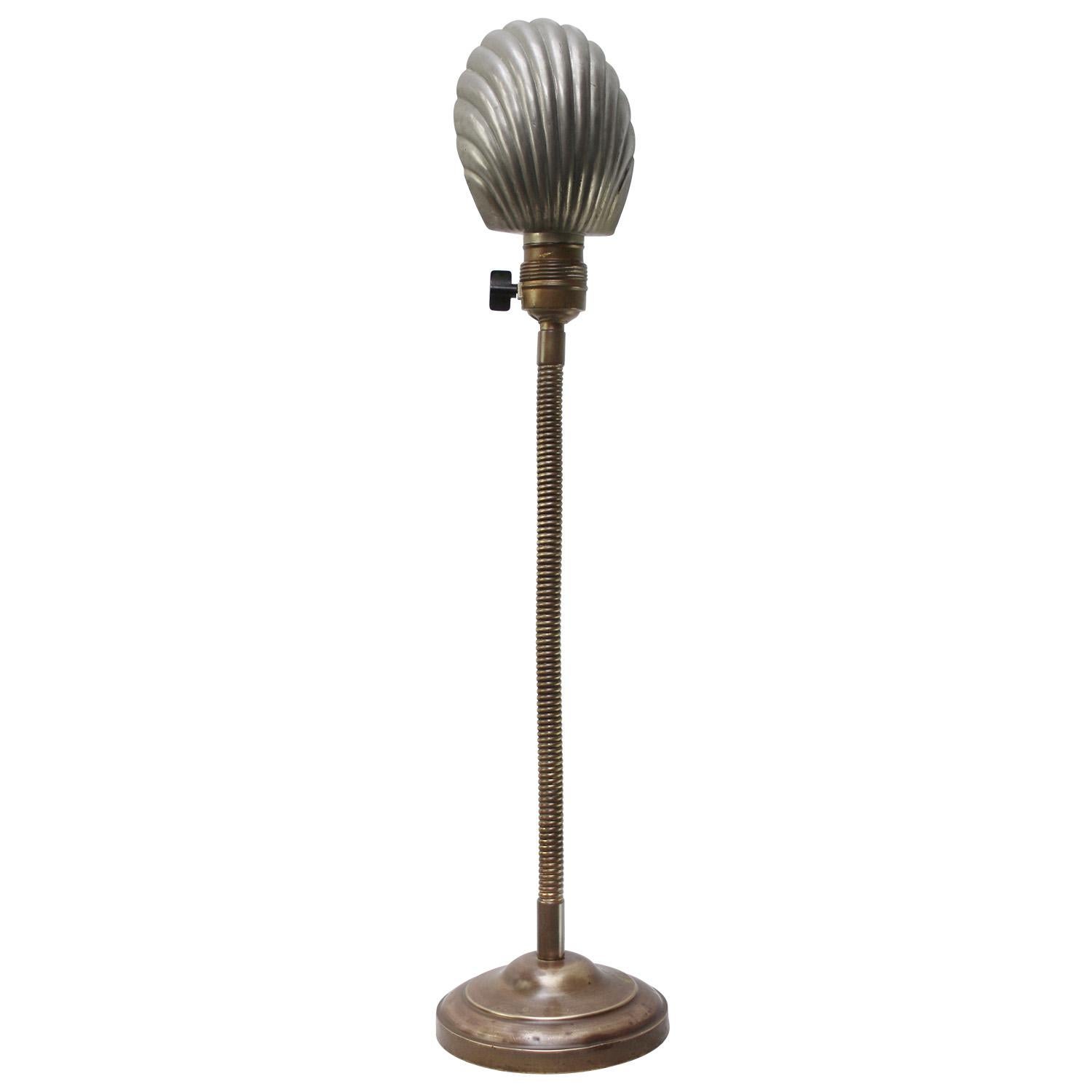 20th Century Belgian Art Deco Shell Brass Goose Neck Desk Table Lamp For Sale
