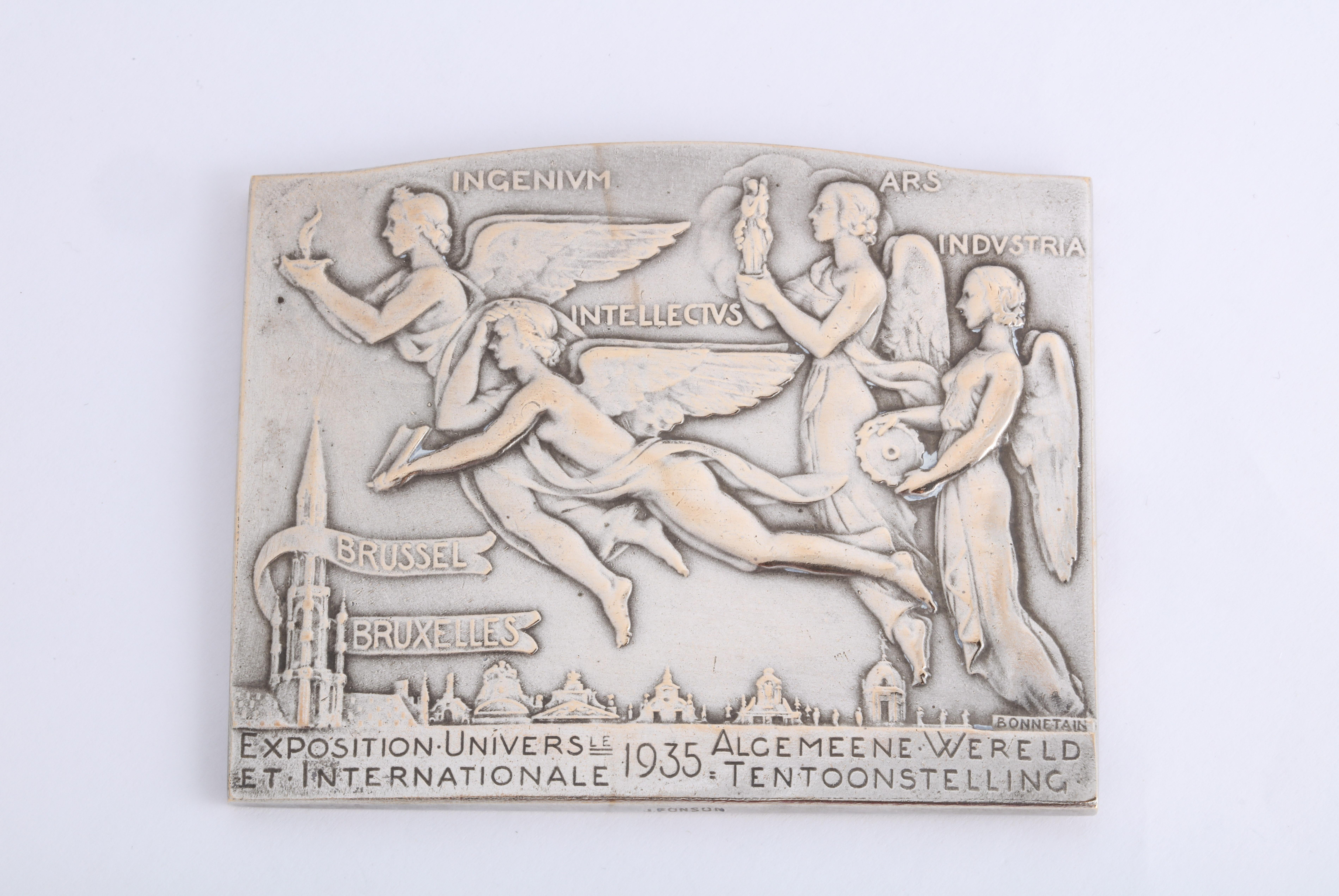 Belgian Art Deco silvered bronze medal Universal International Exhibition in Brussels, 1935
Measures: 80 mm diameter
By Bonnetain / Fonson
Impressed Fonson on edge.