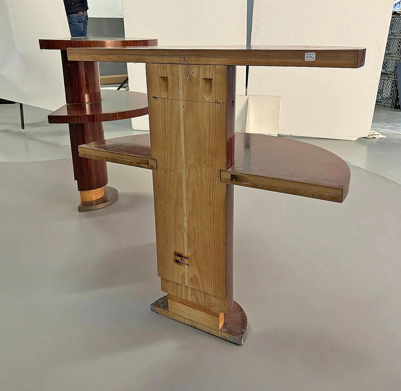 Belgian art deco work circa 1930, pair of art deco period console in walnut and maple veneer.
 These consoles will be fully restored, French varnish finish