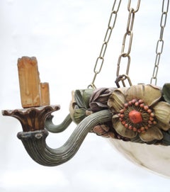 Belgian Art Nouveau Carved Wood and Alabaster Chandelier, circa 1880