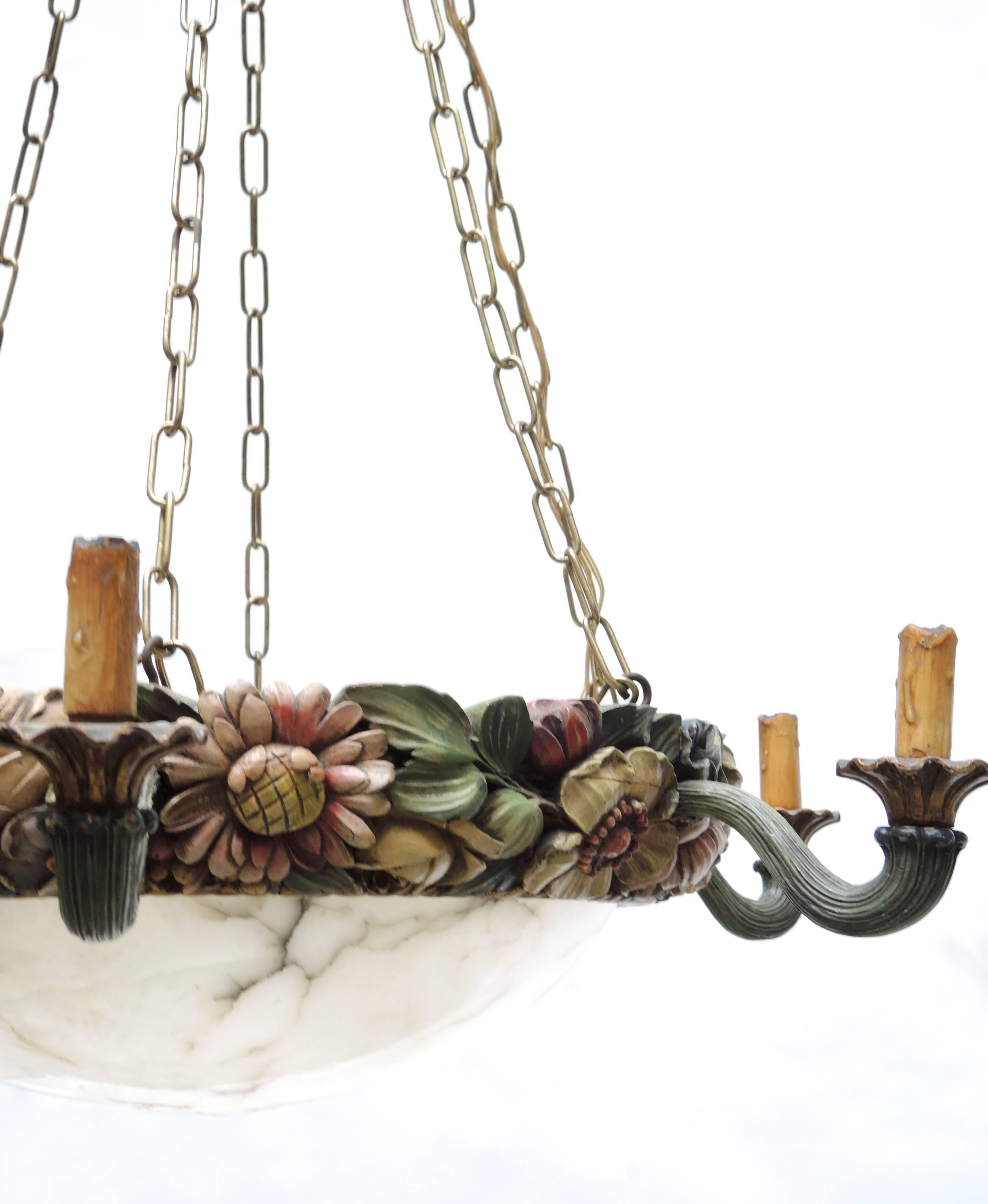 19th Century Belgian Art Nouveau Carved Wood and Alabaster Chandelier, circa 1880 For Sale