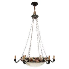 Antique Belgian Art Nouveau Carved Wood and Alabaster Chandelier, circa 1880