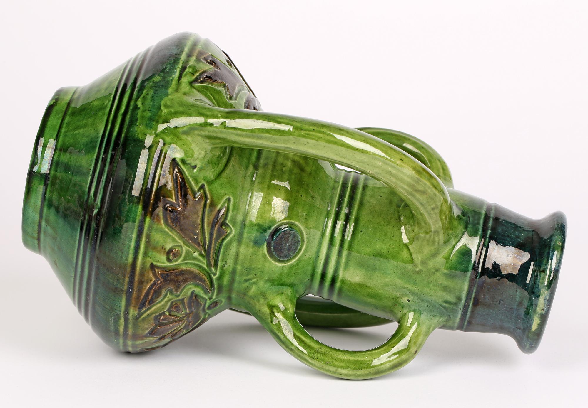 Belgian Art Nouveau Four Handled Green Glazed Art Pottery Vase For Sale 4