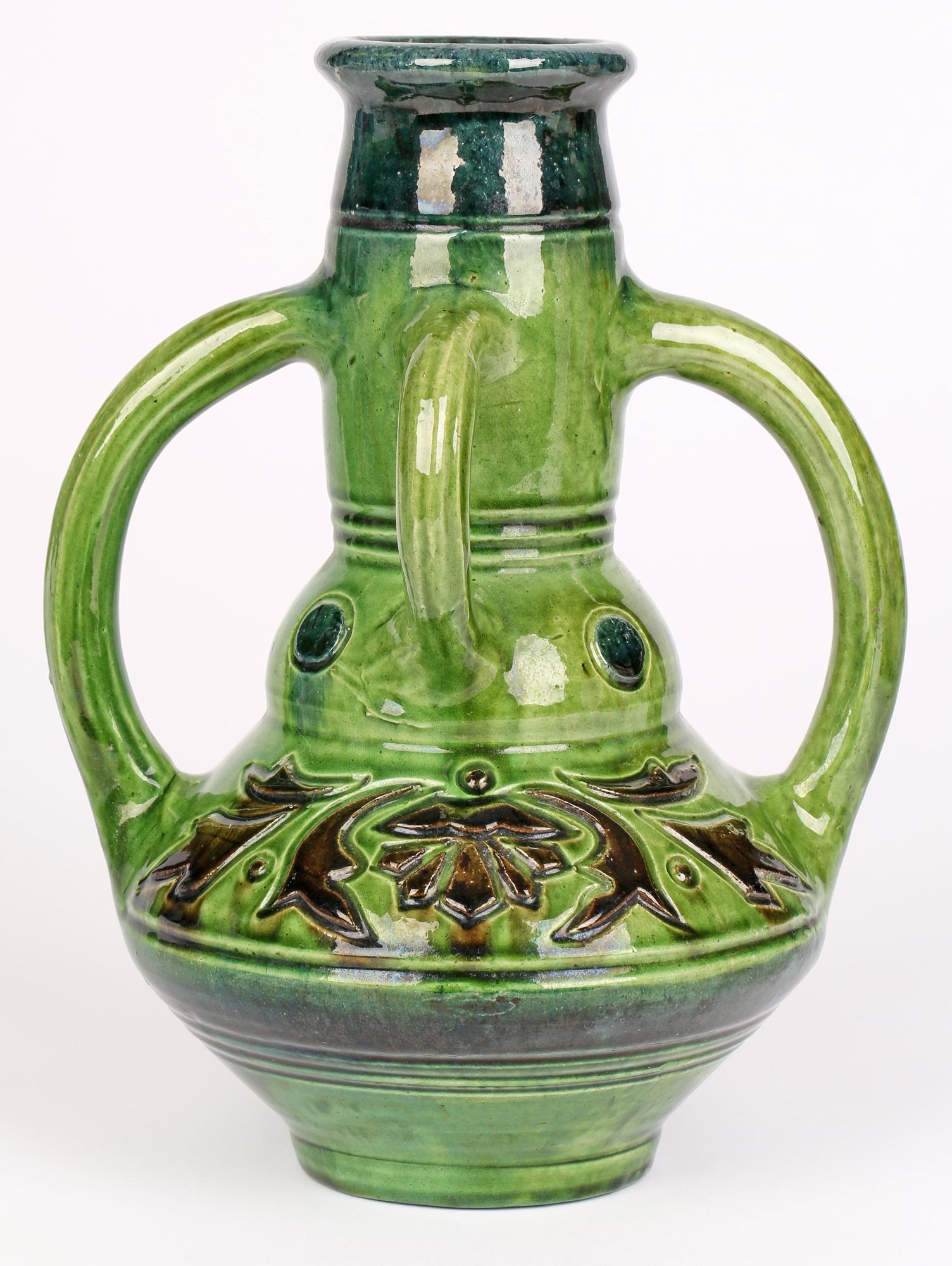 Belgian Art Nouveau Four Handled Green Glazed Art Pottery Vase For Sale 5