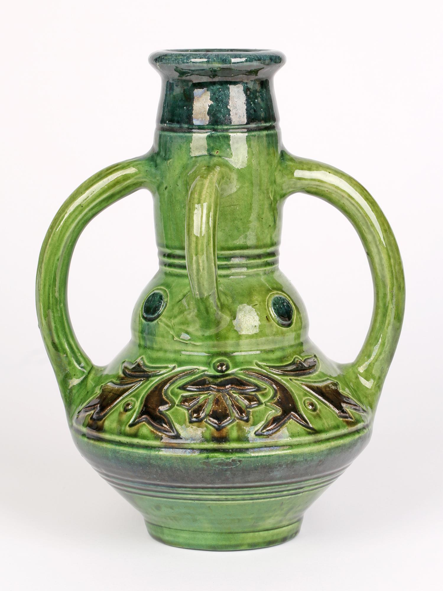 Belgian Art Nouveau Four Handled Green Glazed Art Pottery Vase For Sale 7