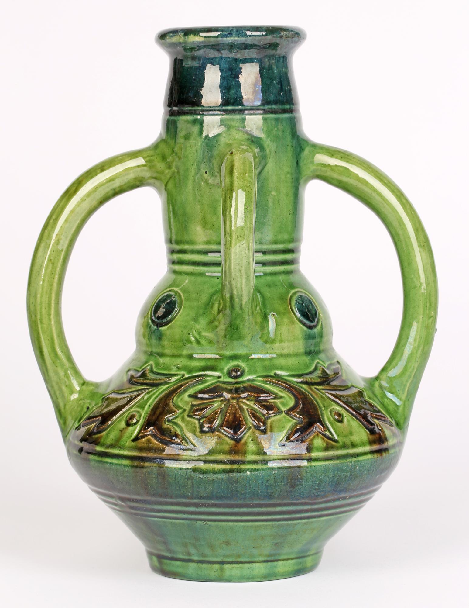 Belgian Art Nouveau Four Handled Green Glazed Art Pottery Vase For Sale 8