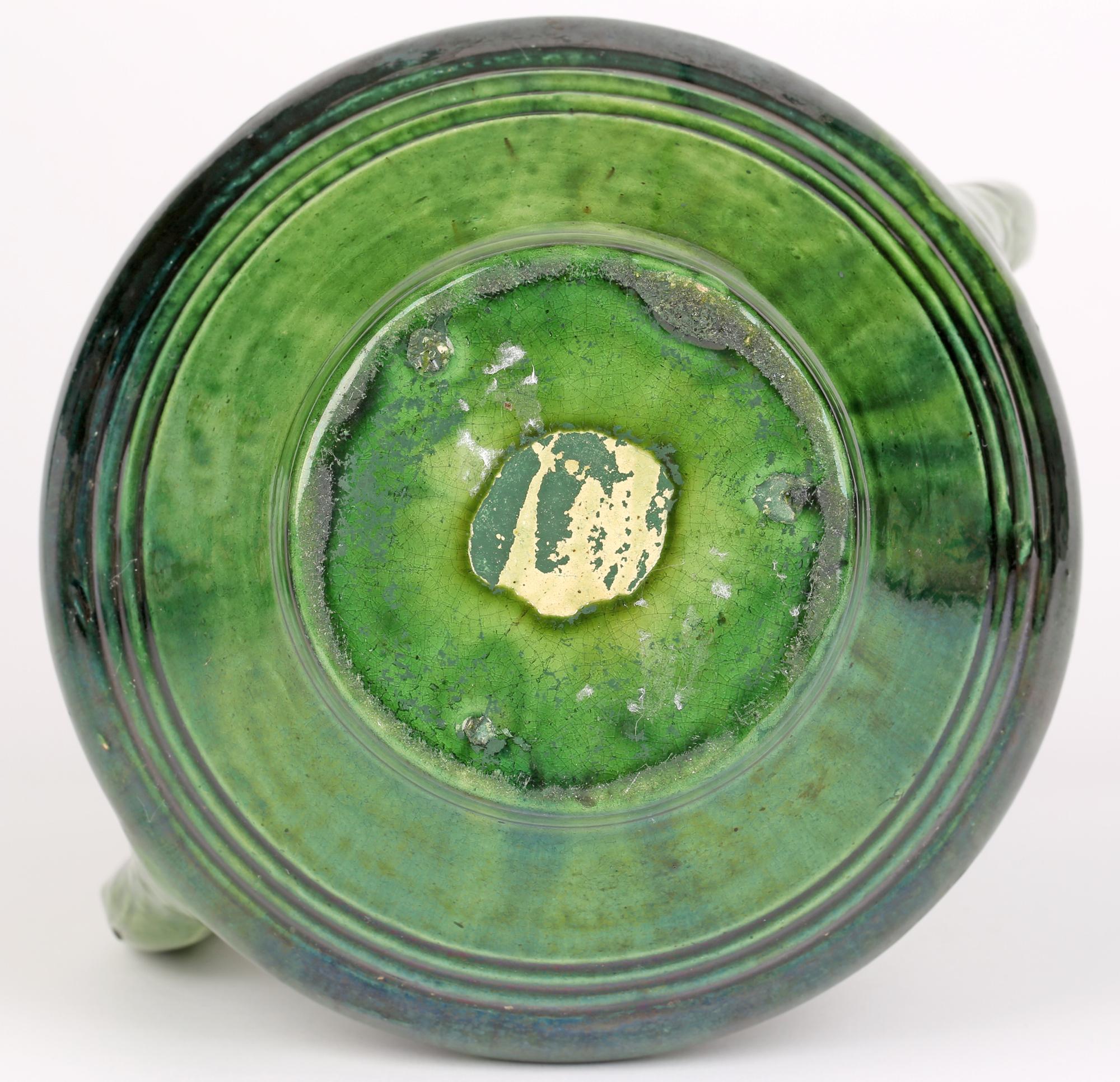 Belgian Art Nouveau Four Handled Green Glazed Art Pottery Vase For Sale 9