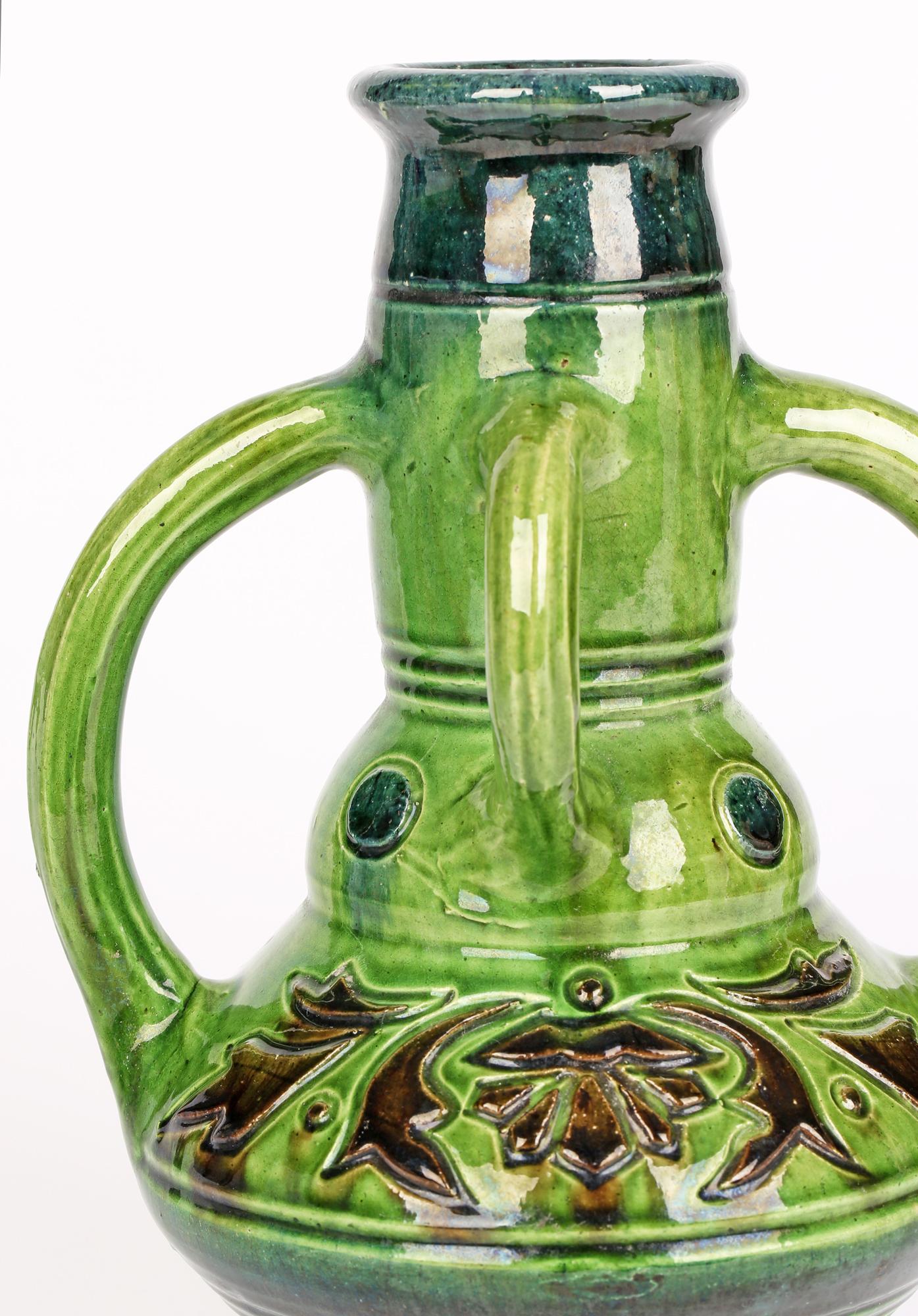Belgian Art Nouveau Four Handled Green Glazed Art Pottery Vase For Sale 11