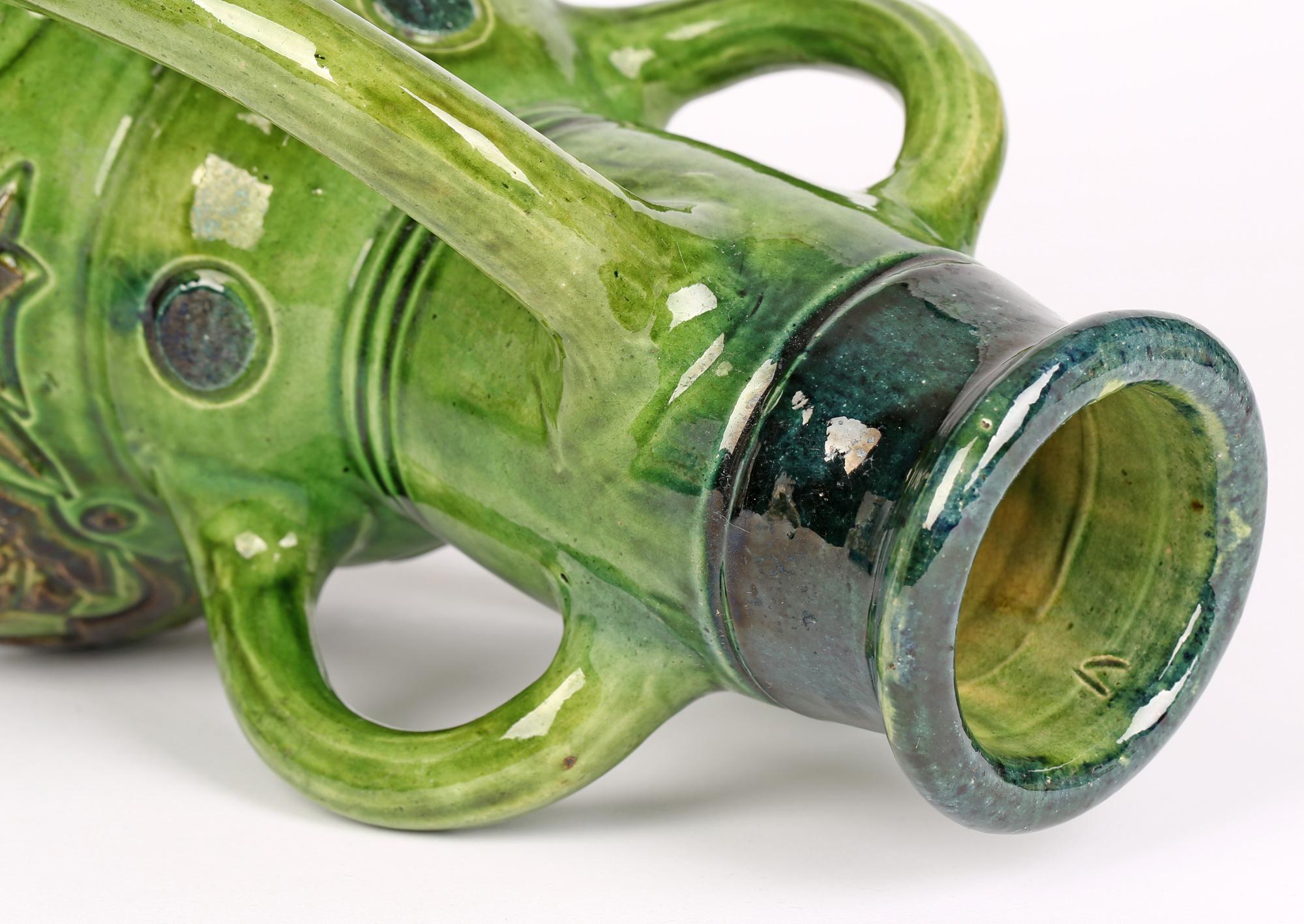 Belgian Art Nouveau Four Handled Green Glazed Art Pottery Vase For Sale 1