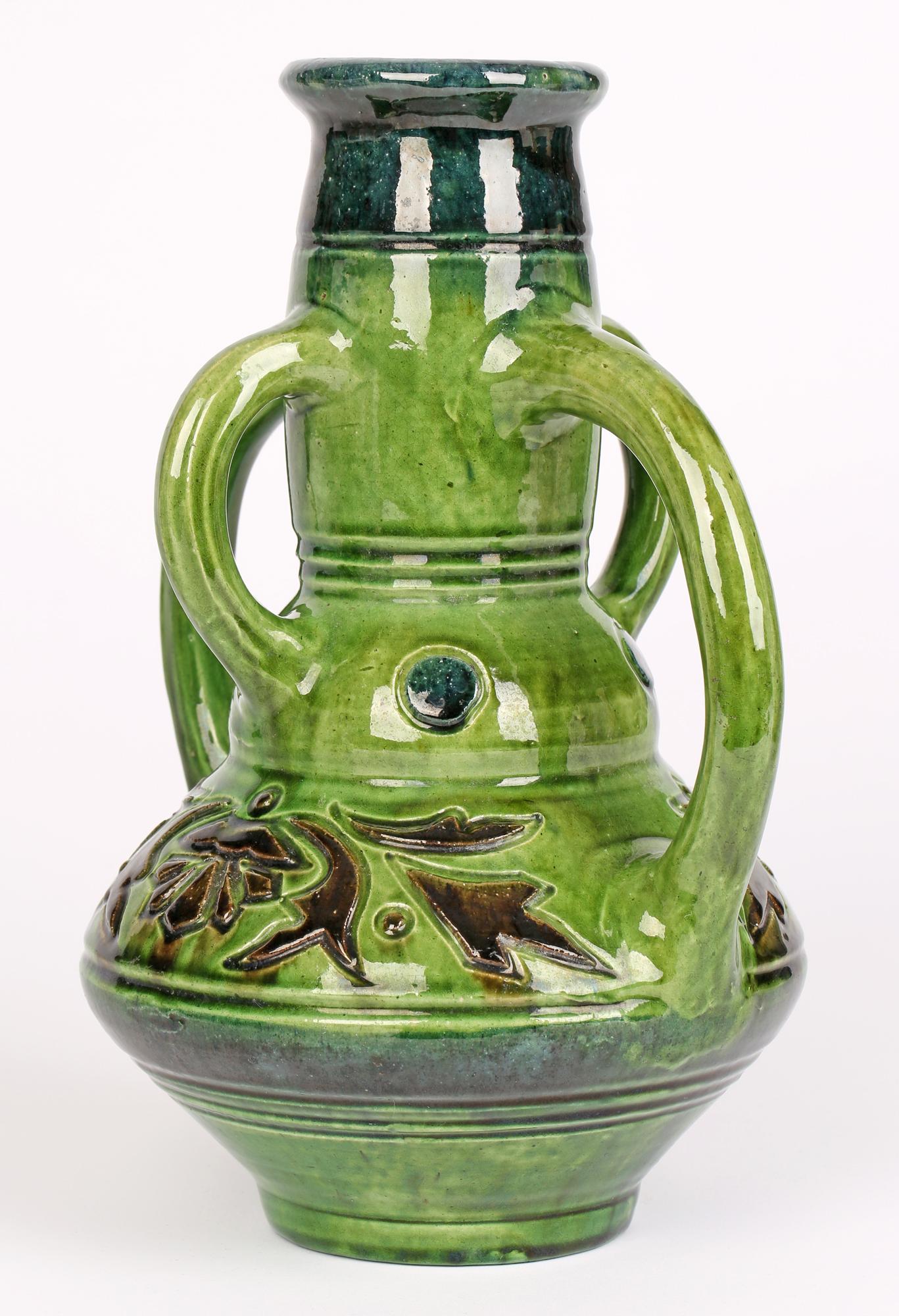 Belgian Art Nouveau Four Handled Green Glazed Art Pottery Vase For Sale 3
