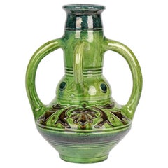 Belgian Art Nouveau Four Handled Green Glazed Art Pottery Vase