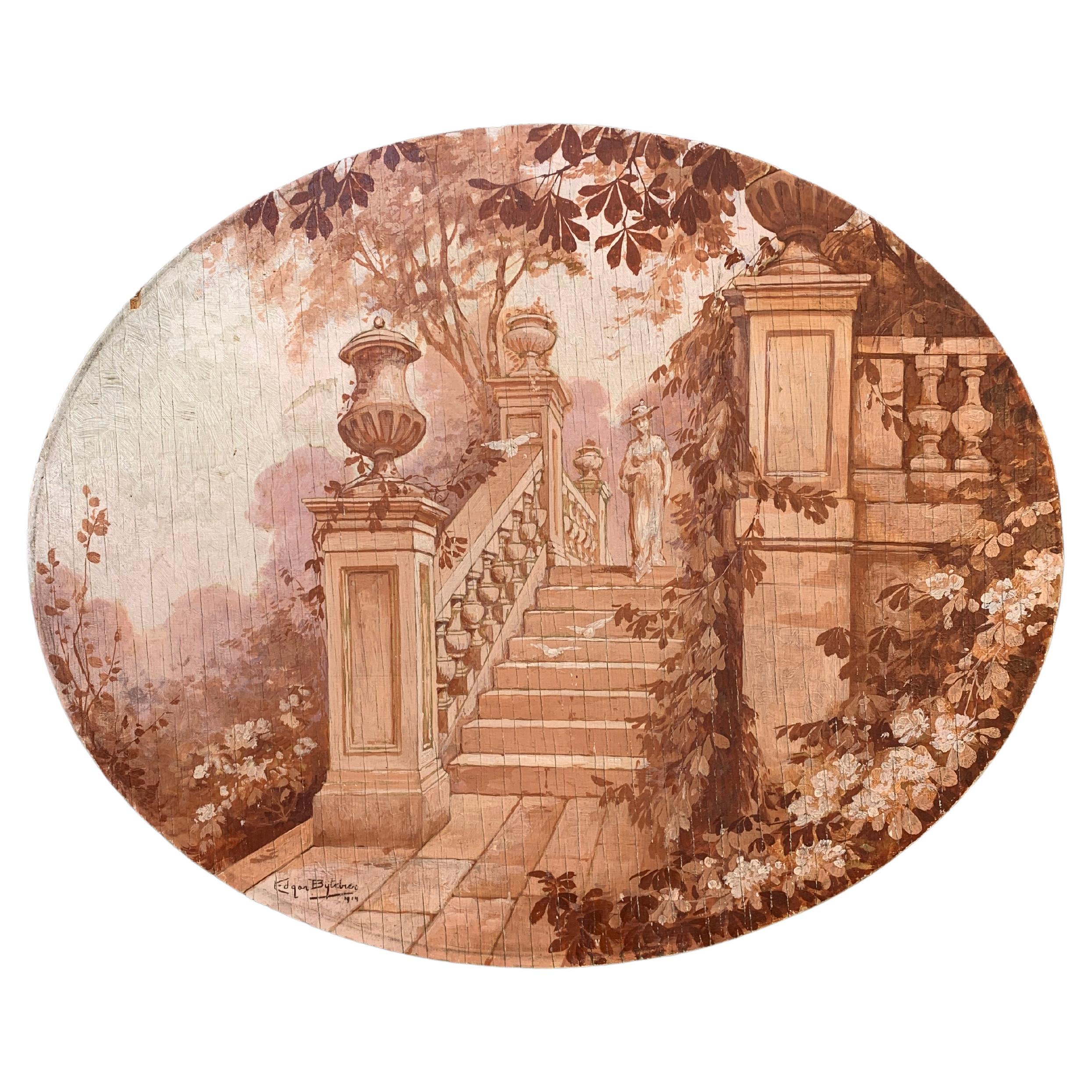 Peinture à l'huile Art Nouveau du début du 20e siècle. Le tableau représente une femme dans un jardin, dans des vêtements de style Art Liberty, marchant près d'un escalier de jardin avec des colombes blanches en vol. Signé et daté Edgar Bytebier,