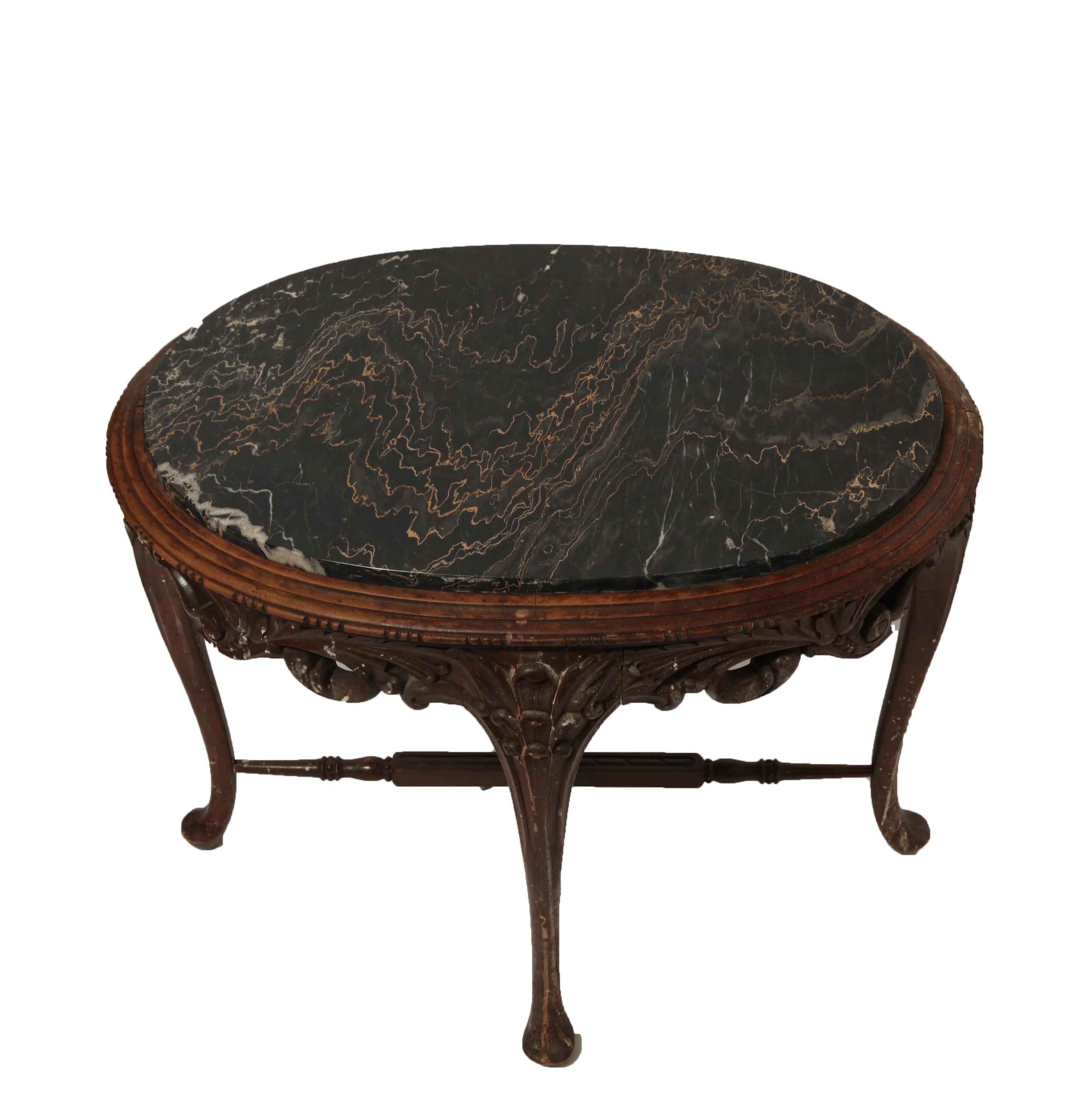 Belgian Art Nouveau Oval Carved Side Table With Marble Top In Good Condition In New York, NY