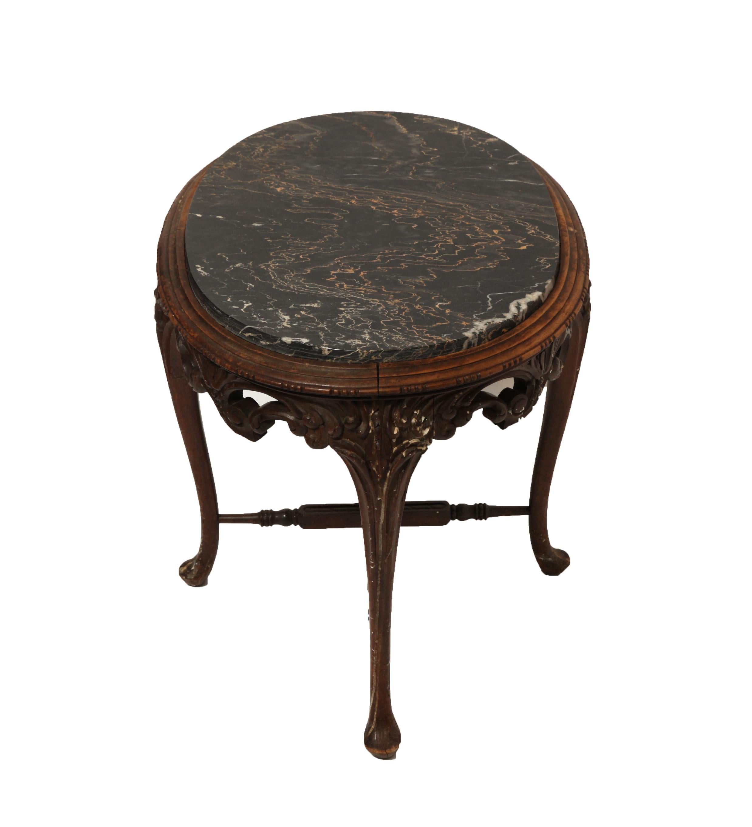 20th Century Belgian Art Nouveau Oval Carved Side Table With Marble Top