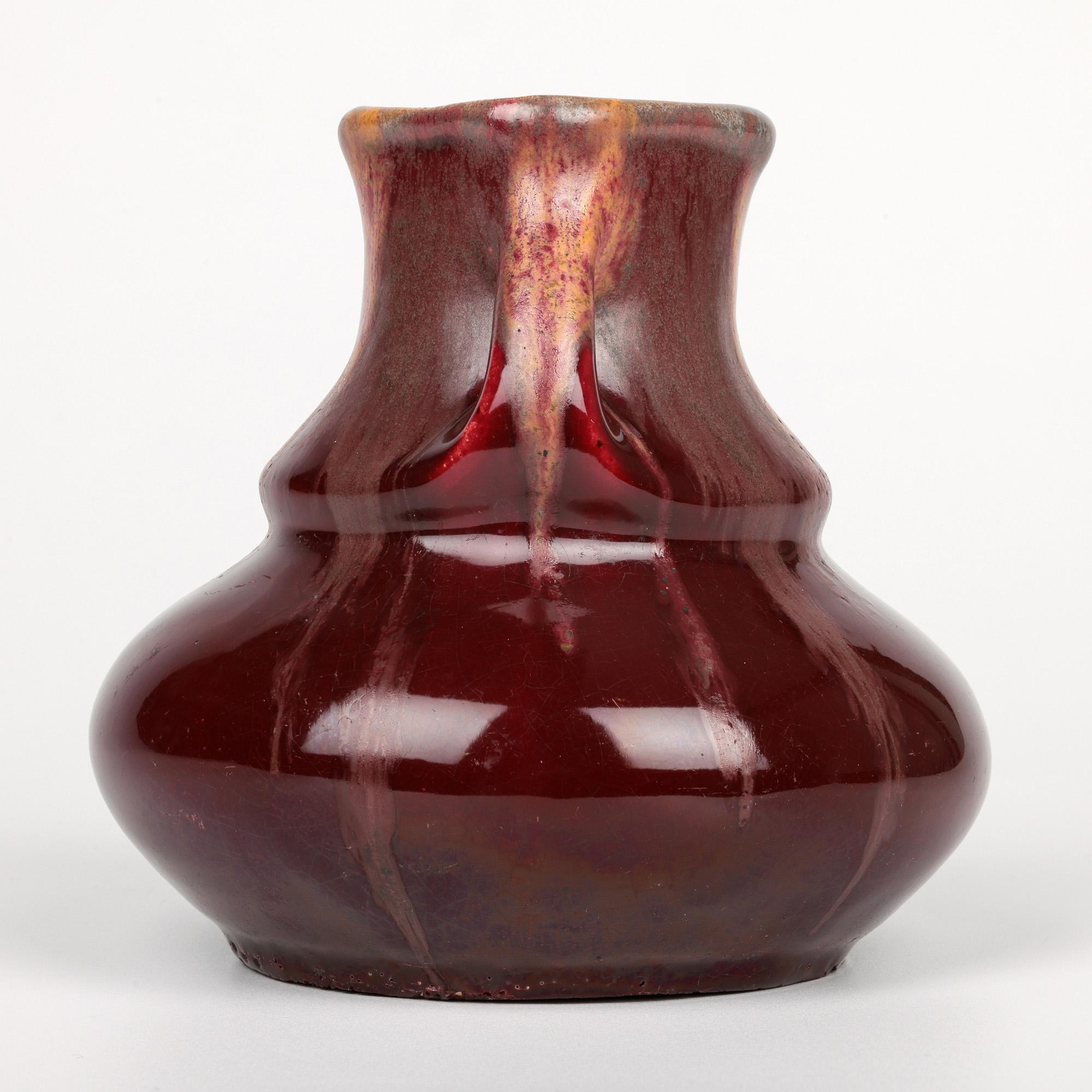 Belgian Art Nouveau Twin Handled Flambe Glazed Art Pottery Vase For Sale 6