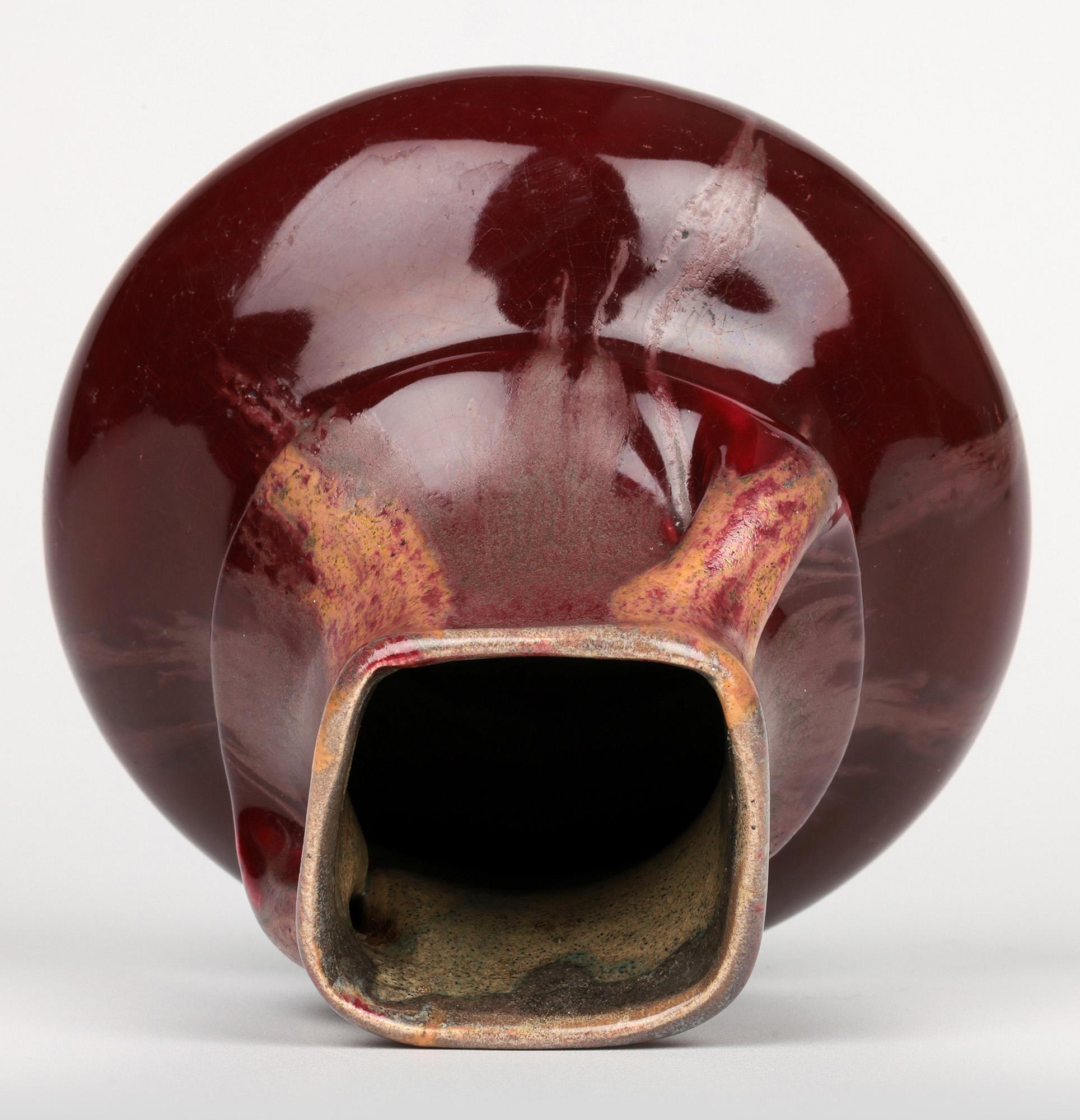 Belgian Art Nouveau Twin Handled Flambe Glazed Art Pottery Vase For Sale 8