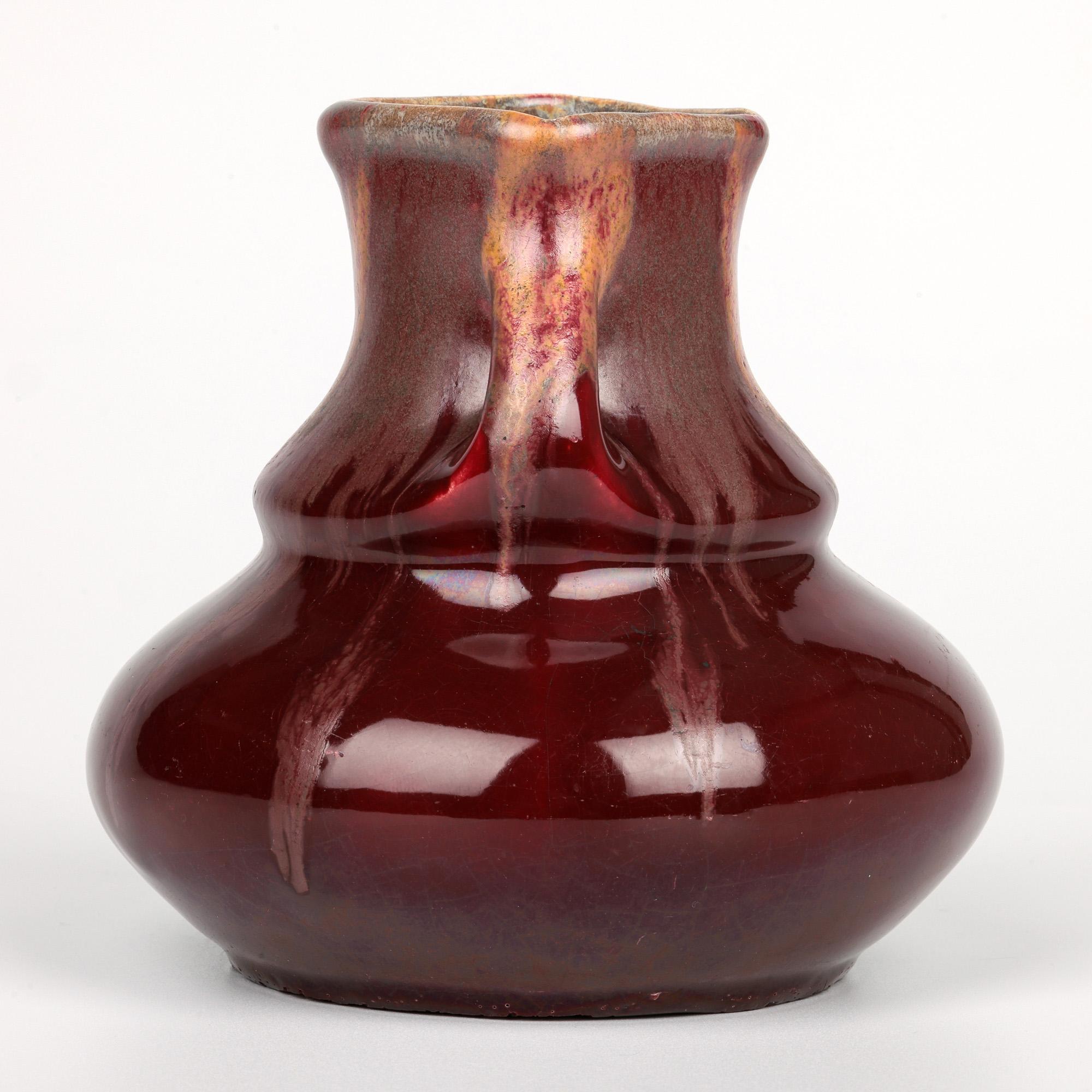 Belgian Art Nouveau Twin Handled Flambe Glazed Art Pottery Vase For Sale 9