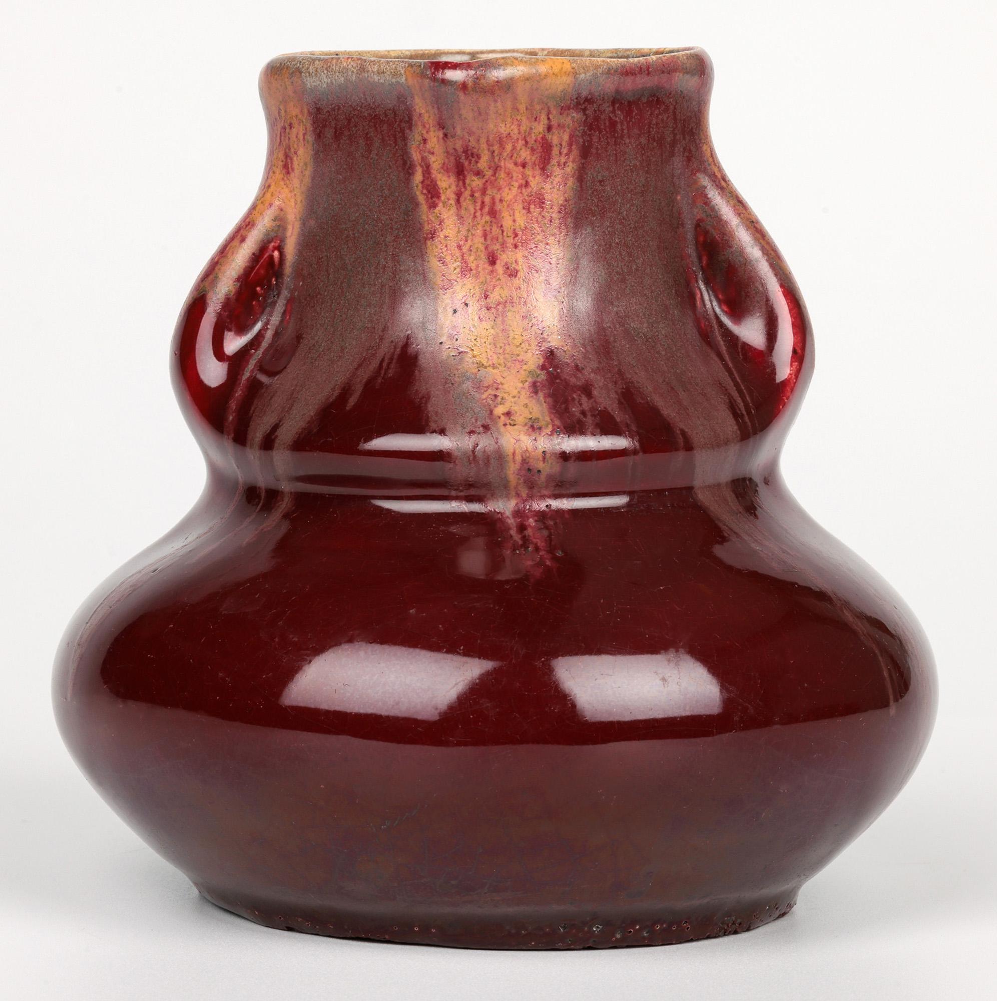 Belgian Art Nouveau Twin Handled Flambe Glazed Art Pottery Vase For Sale 11