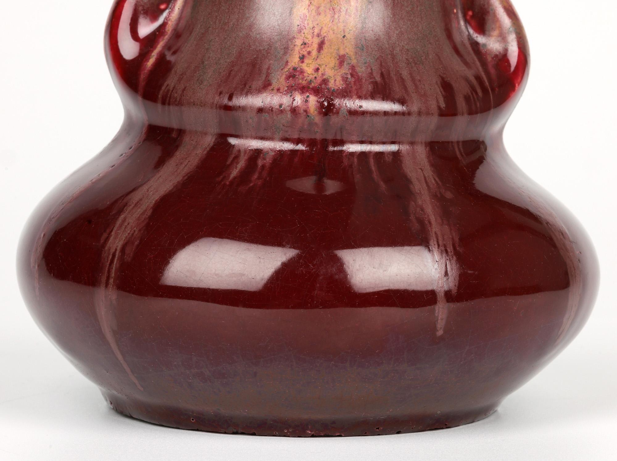 Belgian Art Nouveau Twin Handled Flambe Glazed Art Pottery Vase In Good Condition For Sale In Bishop's Stortford, Hertfordshire