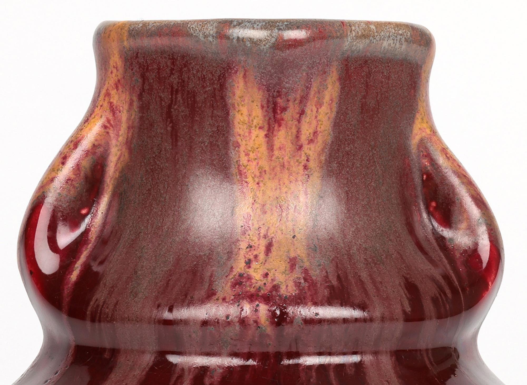 Early 20th Century Belgian Art Nouveau Twin Handled Flambe Glazed Art Pottery Vase For Sale