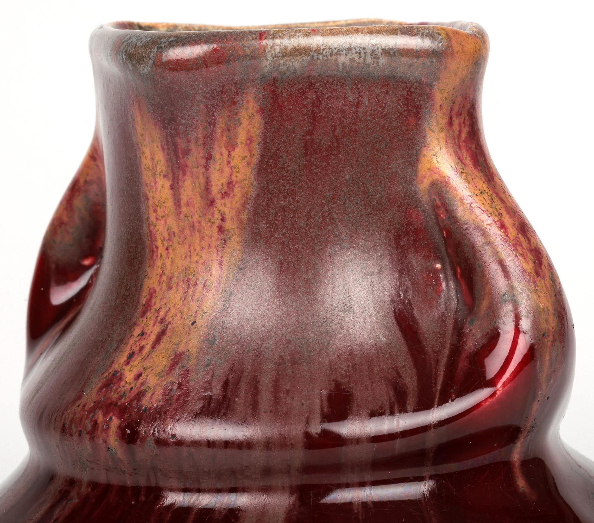 Earthenware Belgian Art Nouveau Twin Handled Flambe Glazed Art Pottery Vase For Sale
