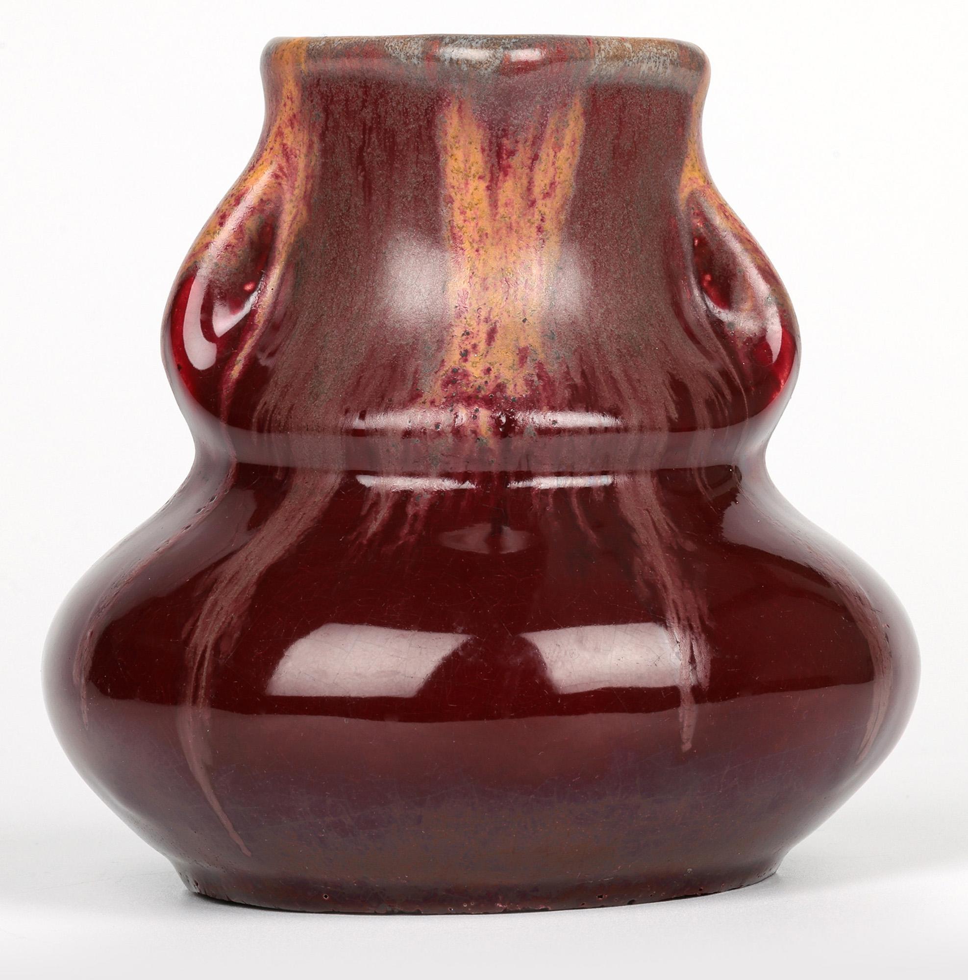 Belgian Art Nouveau Twin Handled Flambe Glazed Art Pottery Vase For Sale 1