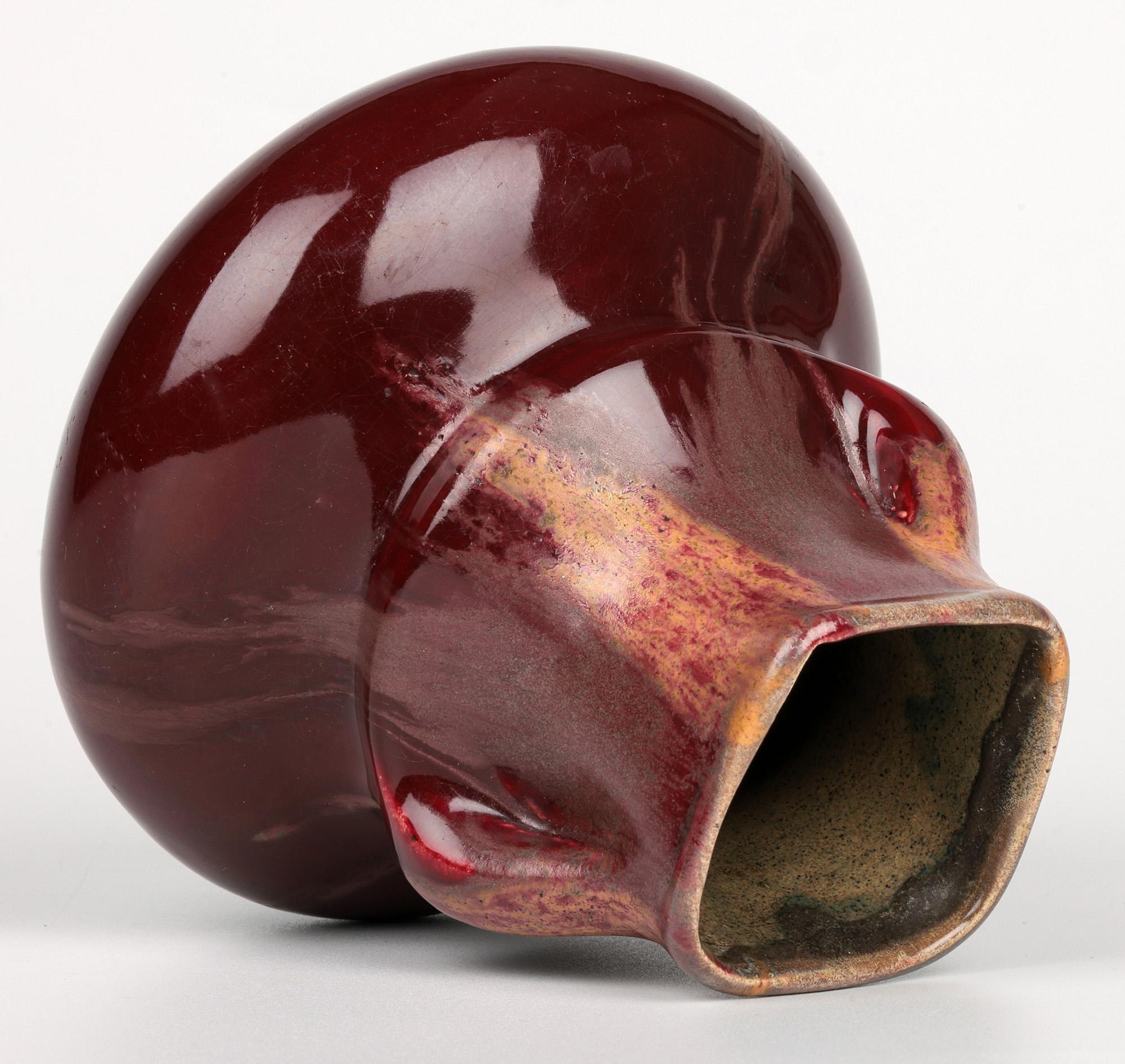 Belgian Art Nouveau Twin Handled Flambe Glazed Art Pottery Vase For Sale 2