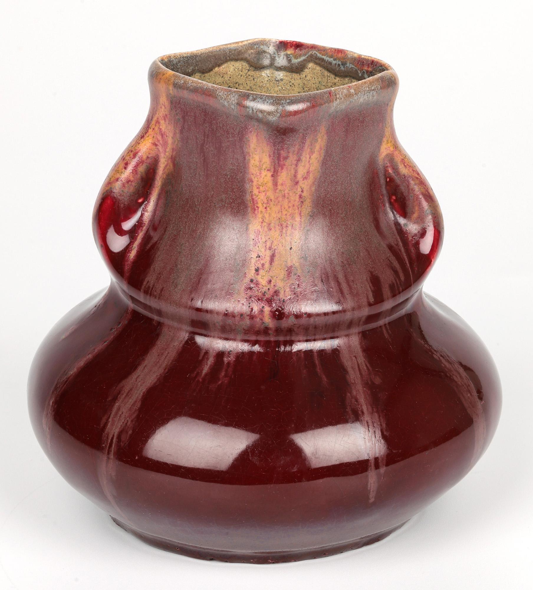 Belgian Art Nouveau Twin Handled Flambe Glazed Art Pottery Vase For Sale 3