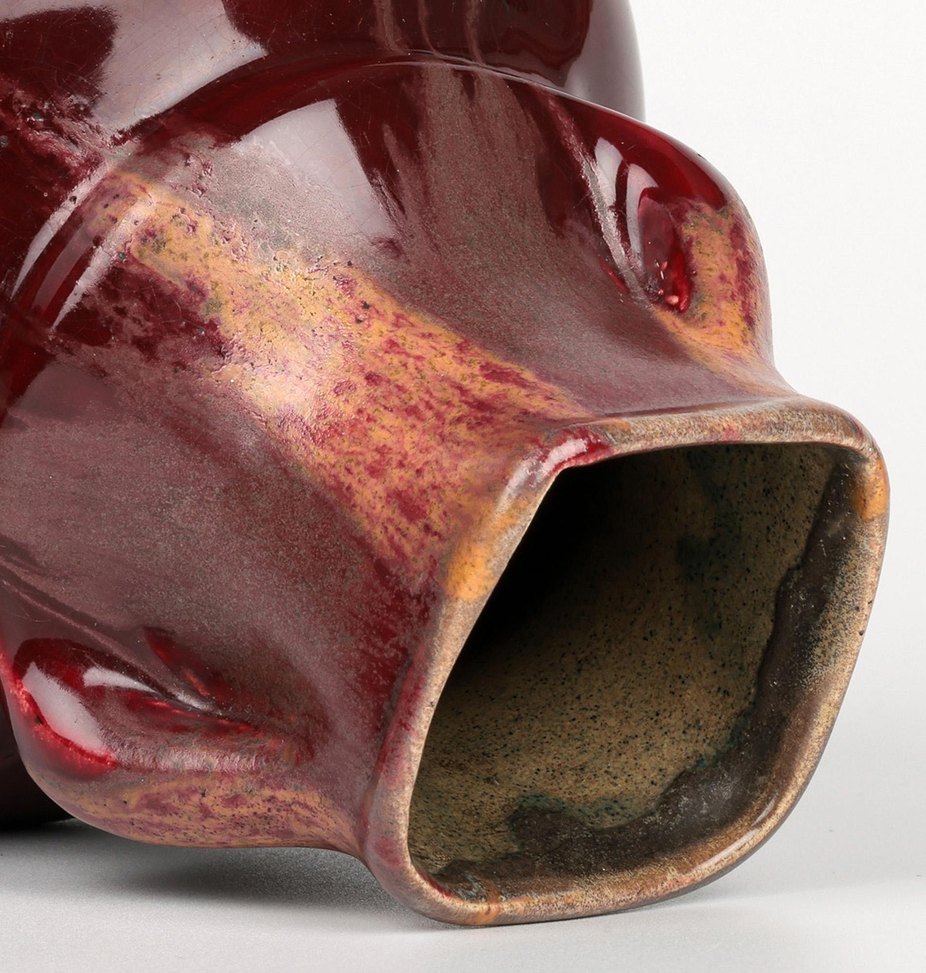 Belgian Art Nouveau Twin Handled Flambe Glazed Art Pottery Vase For Sale 4