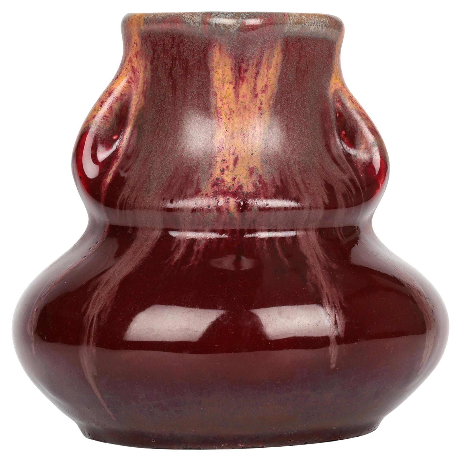 Belgian Art Nouveau Twin Handled Flambe Glazed Art Pottery Vase