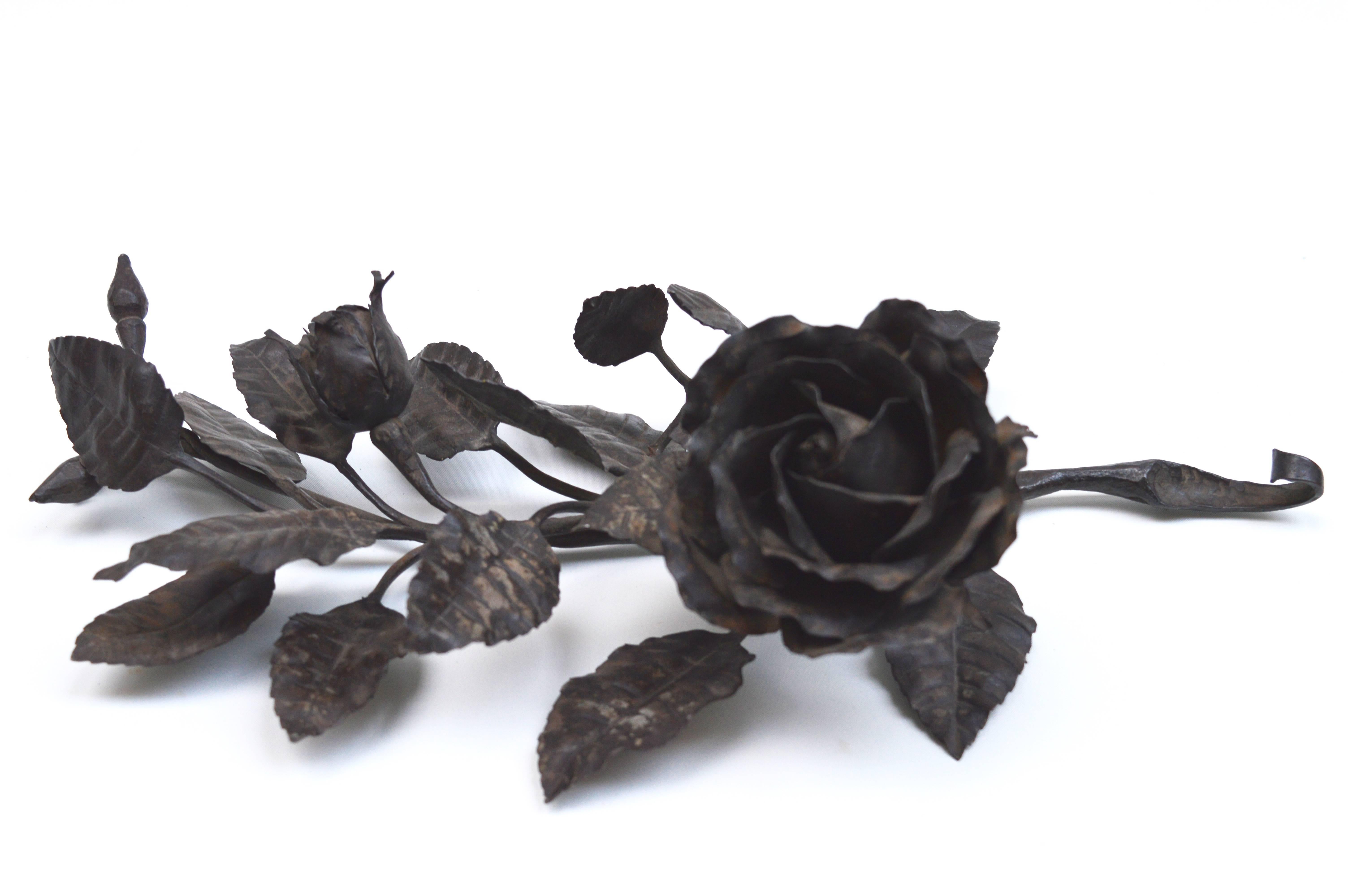 Wrought iron rose sculpture attributed to the Belgian artist Louis Van Broeckel, circa 1910. (Unsigned).
Beautifully handwrought creating the life like detail Broeckel is known for.