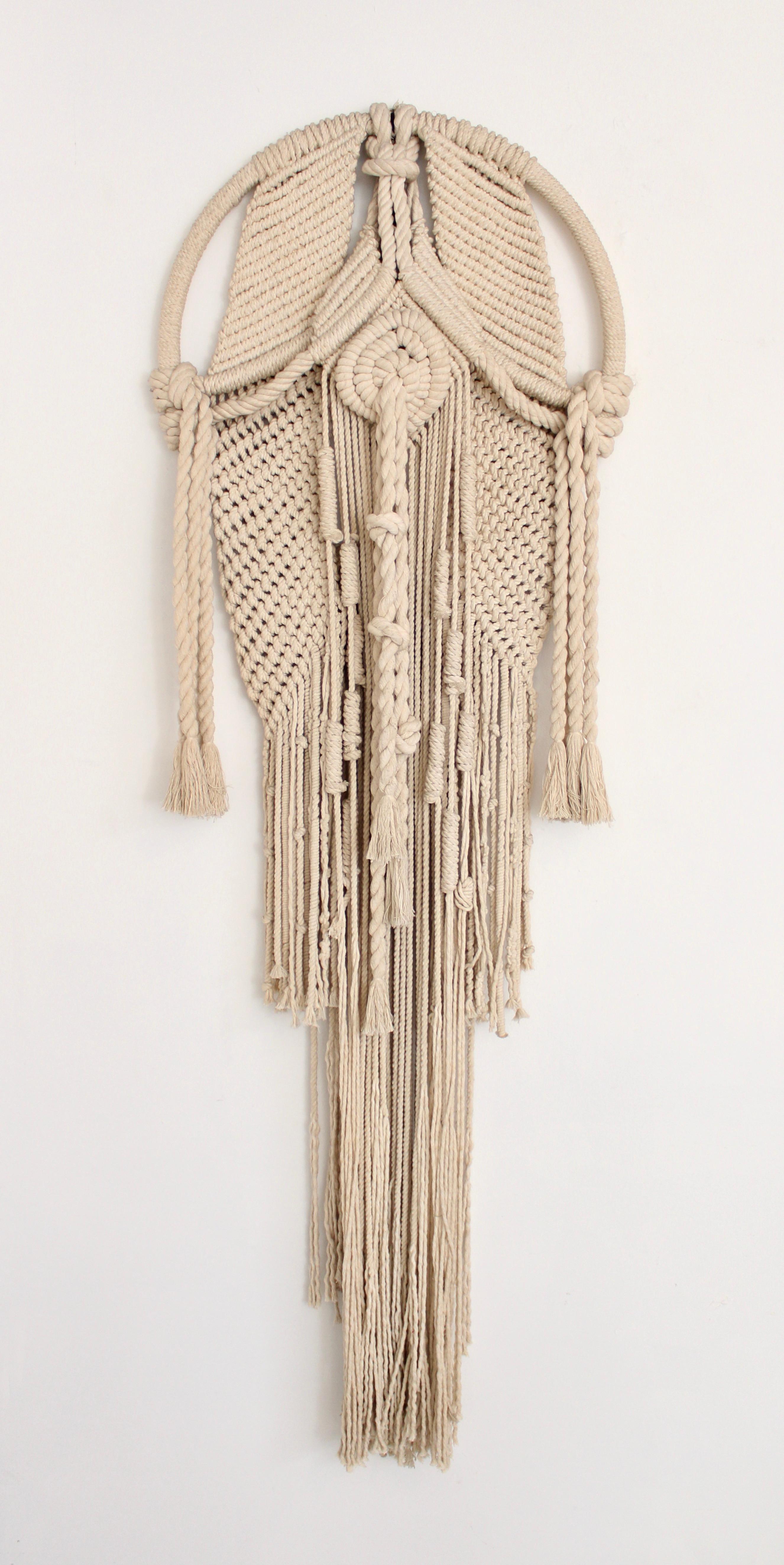 Belgian artist Lieva Bostoen hand macrame and woven wall tapestry in cream colored cotton rope. Contemporary wall sculpture.
Woven, one of a kind Lieva Bostoen Wall Tapestry, made in Belgium, 1970's. 
Born in a small Flemish town in 1935, Bostoen