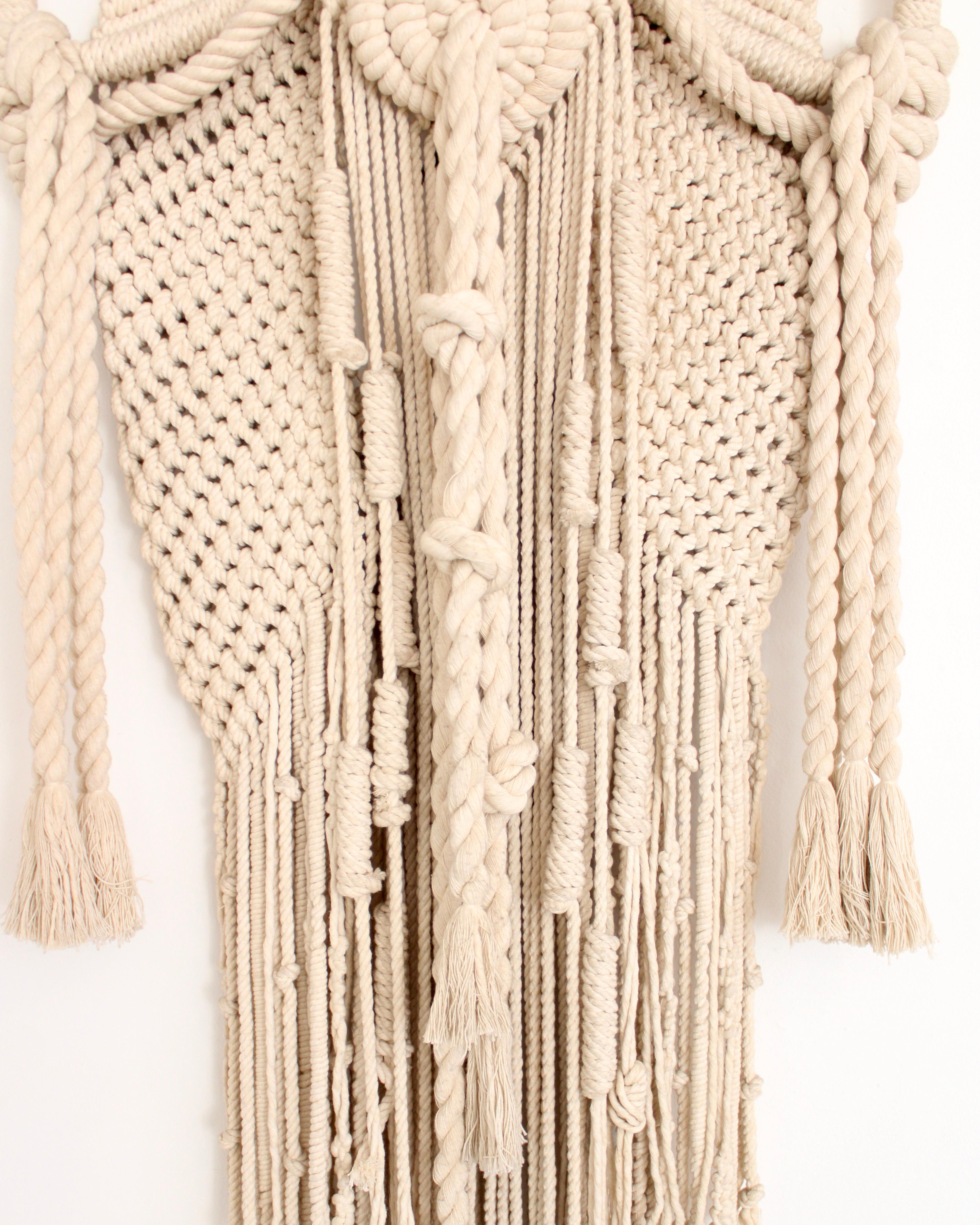 Hand-Woven Belgian Artist Lieva Bostoen Hand Woven Cream Macrame Wall Tapestry Sculpture