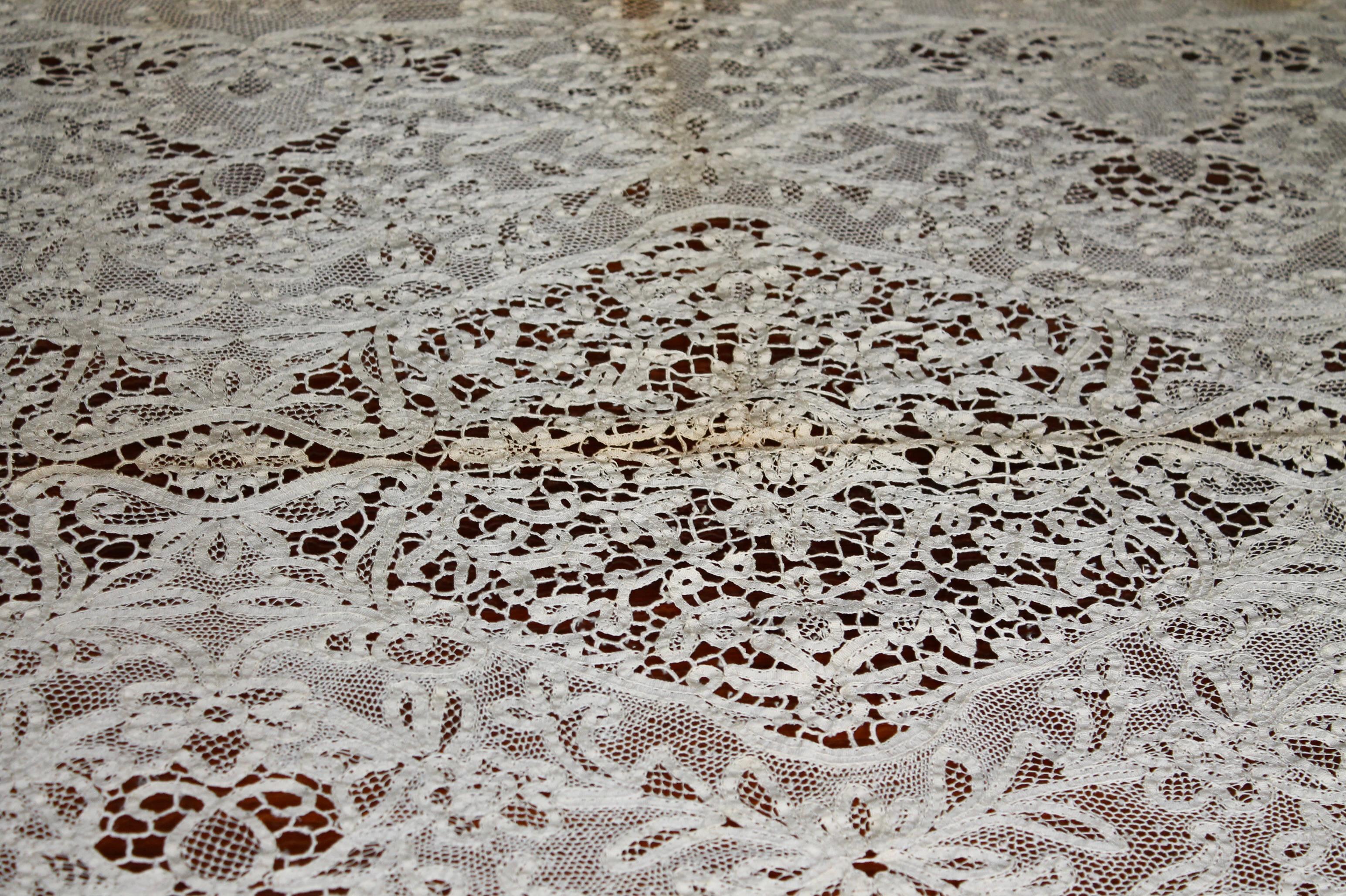 Embroidered Belgian Battenberg Lace Tablecloth For Sale