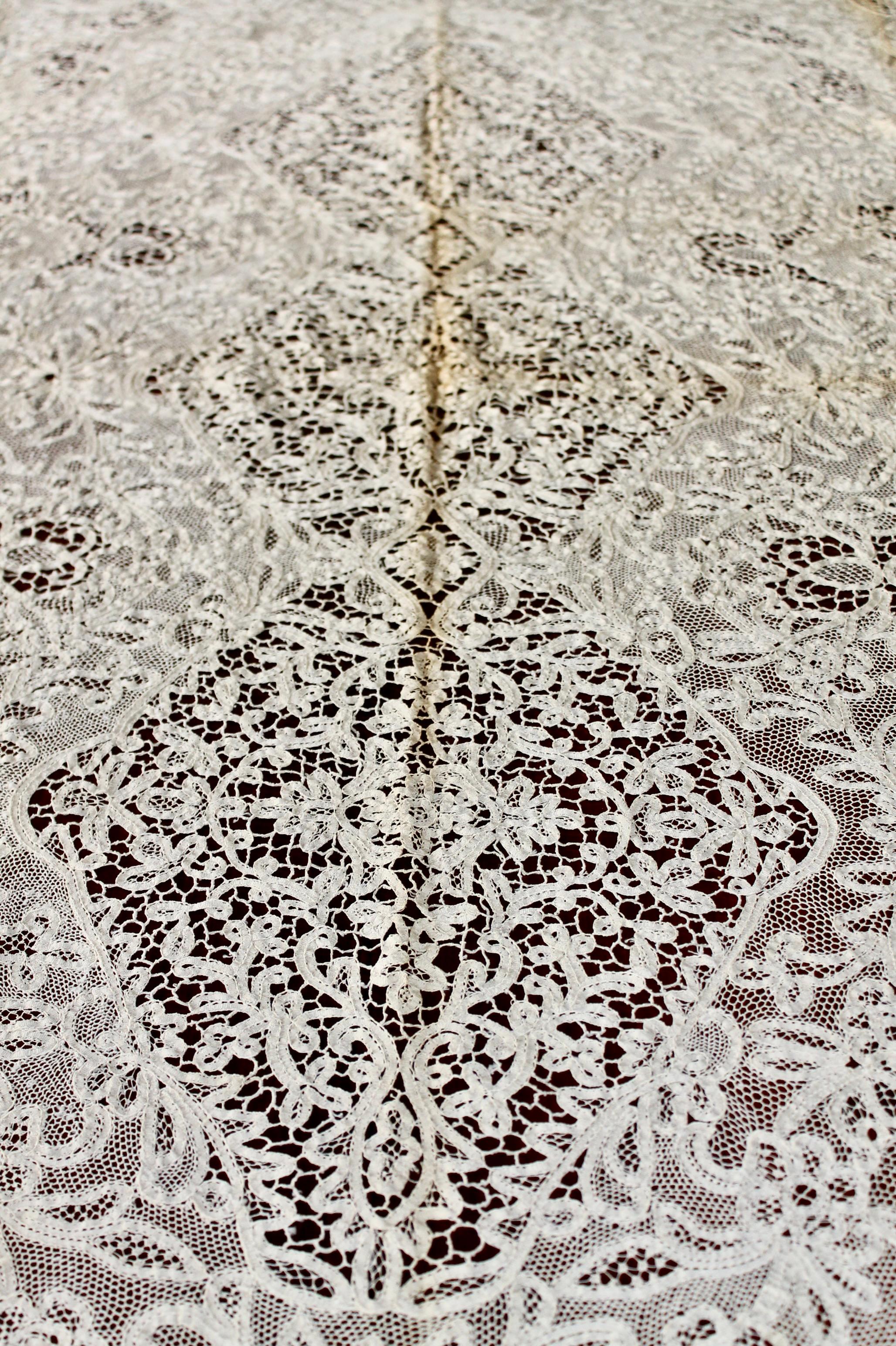 Cotton Belgian Battenberg Lace Tablecloth For Sale