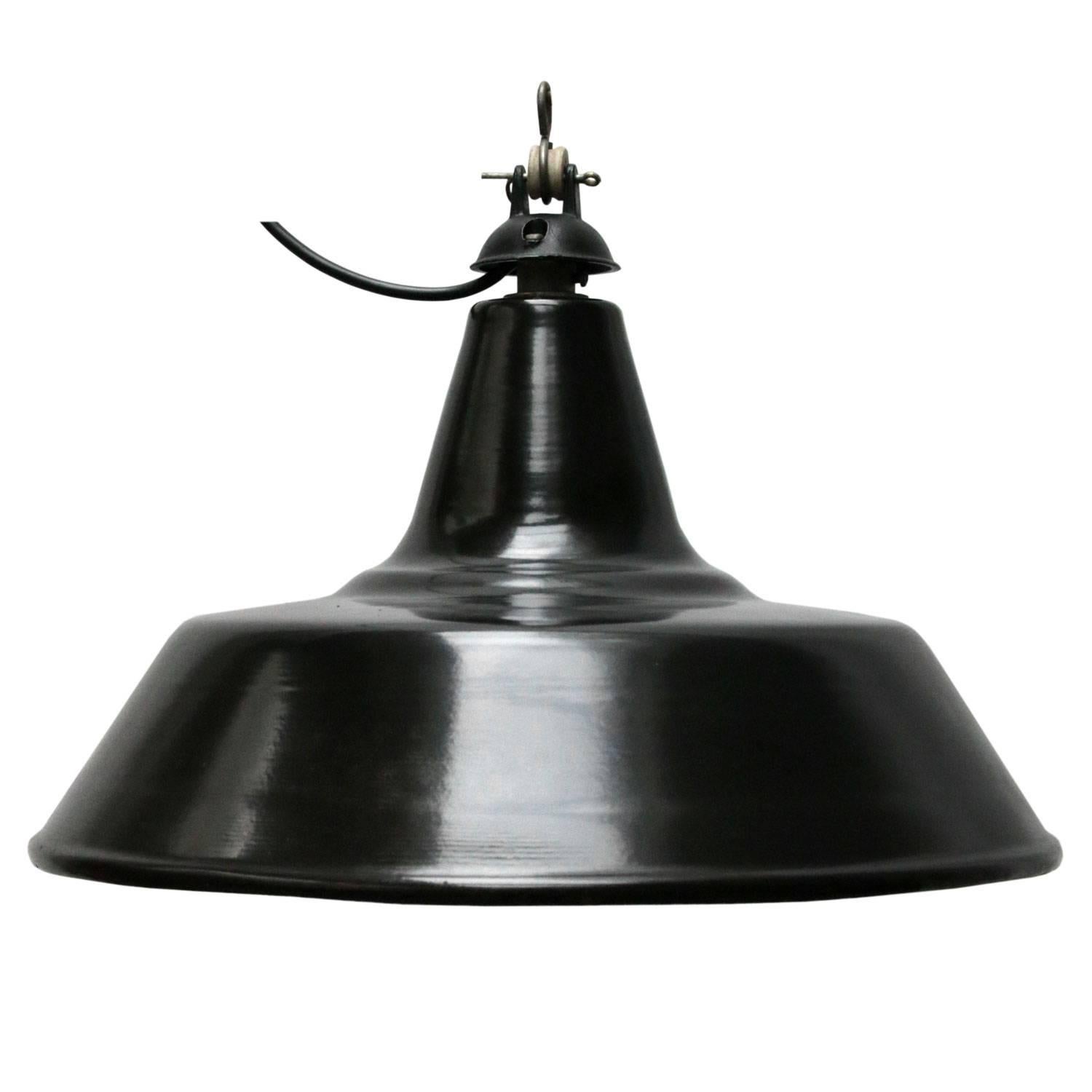 Belgian Black Enamel Vintage Industrial Pendant Lights For Sale 1