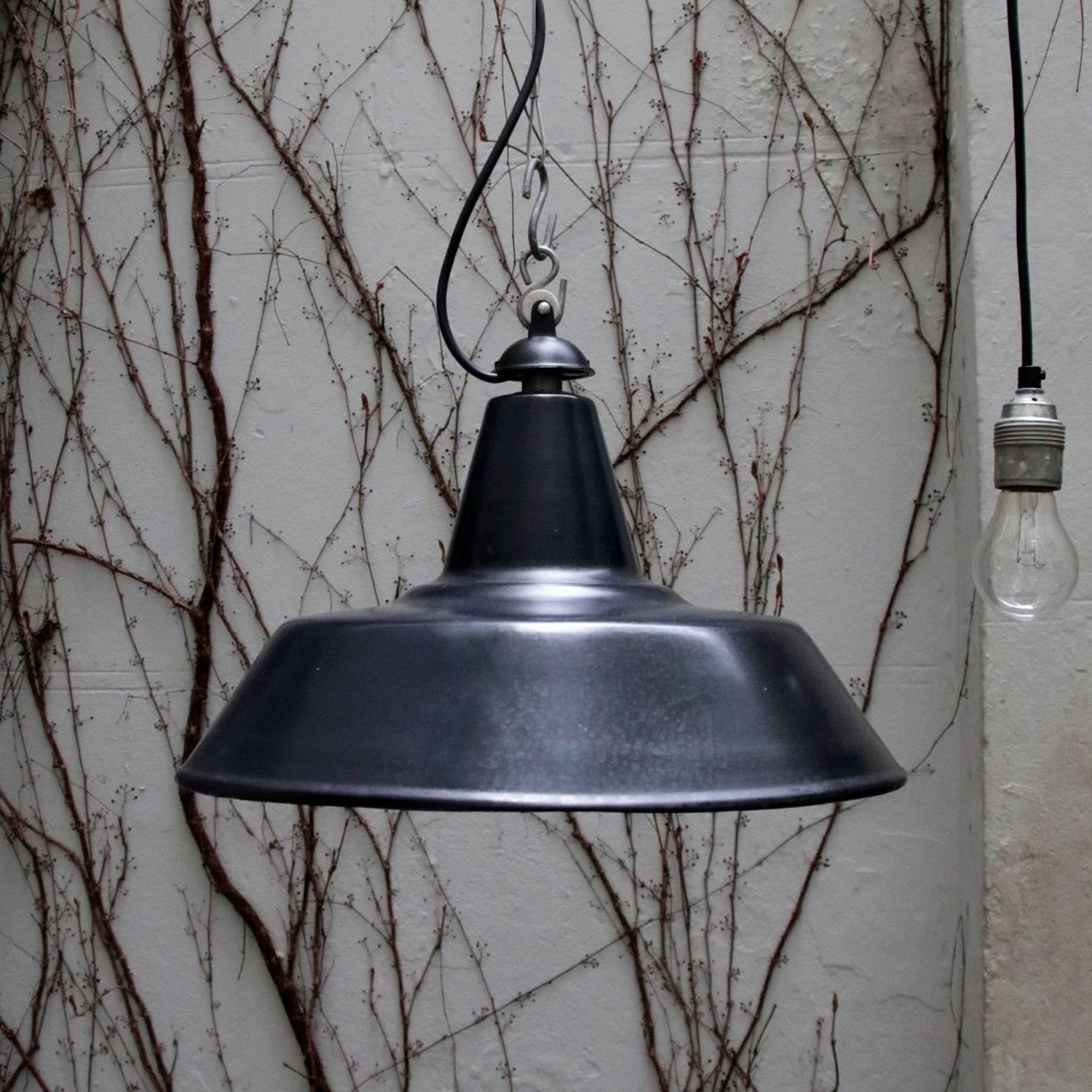 Belgian Black Enamel Vintage Industrial Pendant Lights For Sale 3