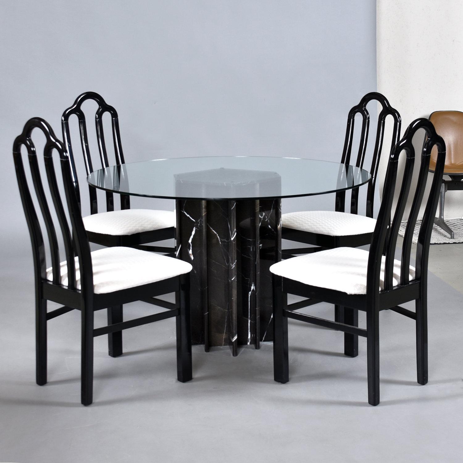 Belgian Black Marble Dining Table & Asian Modern Black Lacquer Dining Chairs Set For Sale 10