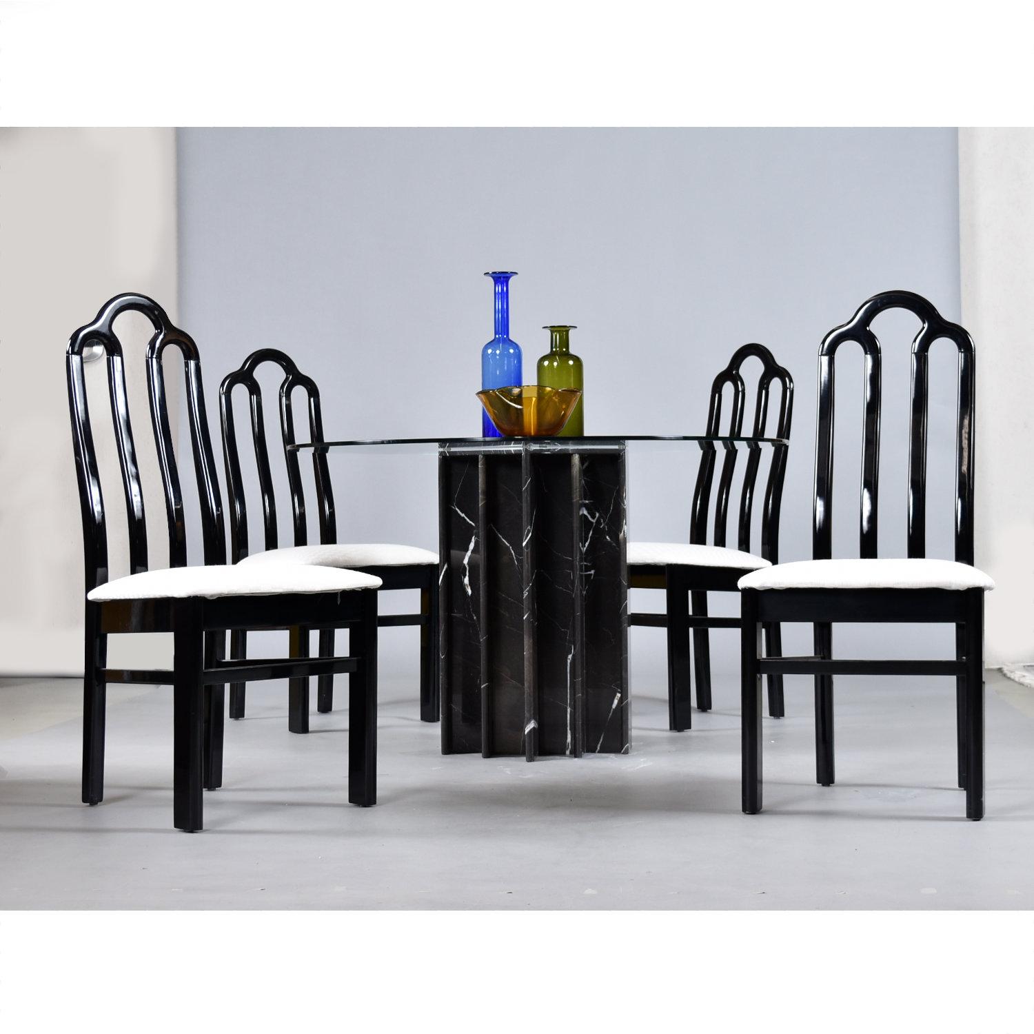 Late 20th Century Belgian Black Marble Dining Table & Asian Modern Black Lacquer Dining Chairs Set For Sale