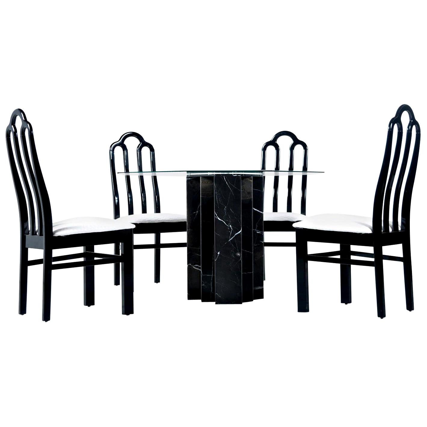 Table de salle à manger en marbre noir belge et ensemble de chaises de salle à manger en laque noire de style asiatique moderne