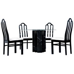 Belgian Black Marble Dining Table & Asian Modern Black Lacquer Dining Chairs Set