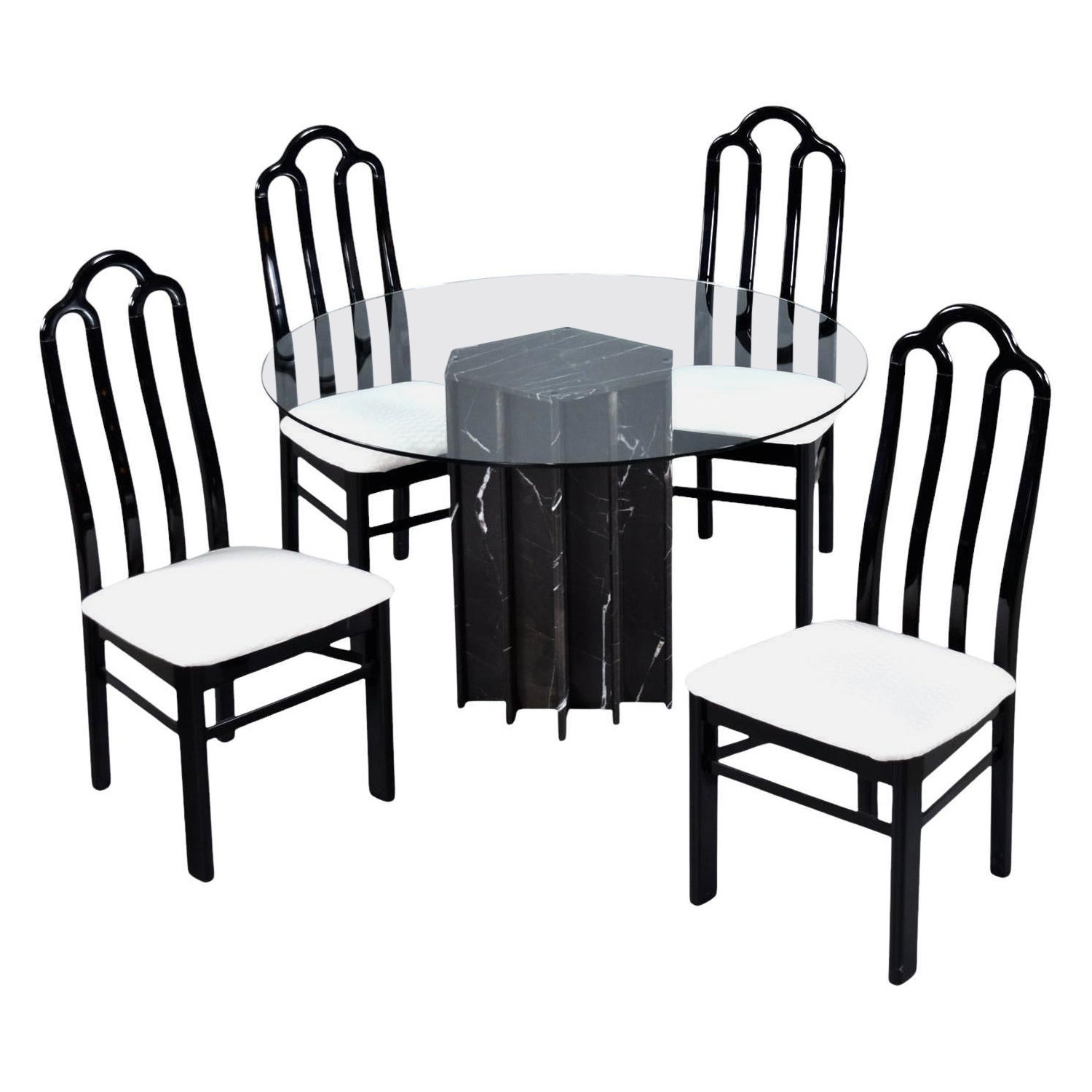 Belgian Black Marble Dining Table & Asian Modern Black Lacquer Dining Chairs Set