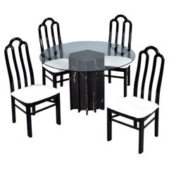 Belgian Black Marble Dining Table & Asian Modern Black Lacquer Dining Chairs Set