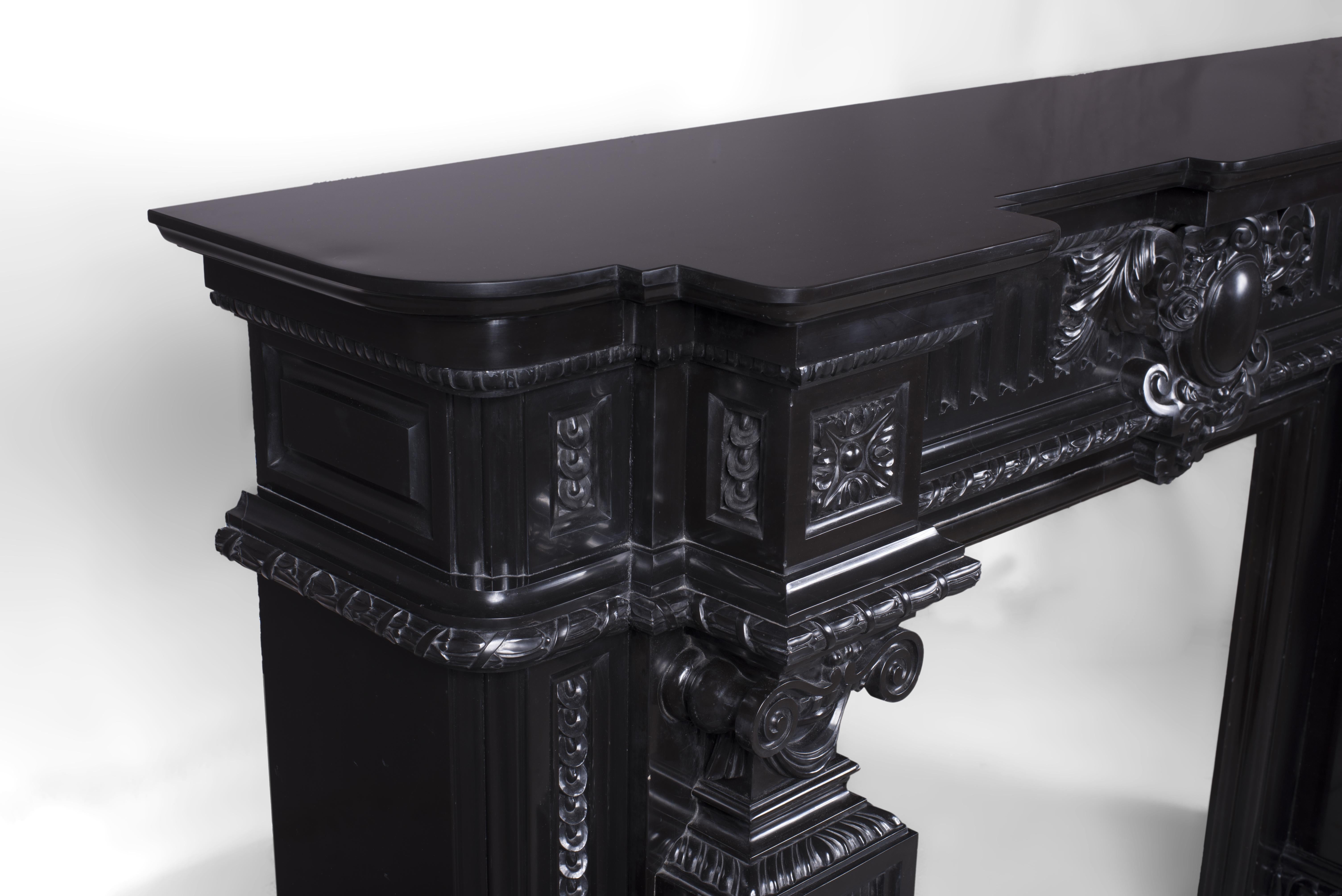 Carved Belgian Black Marble Mantel, 19th Century For Sale