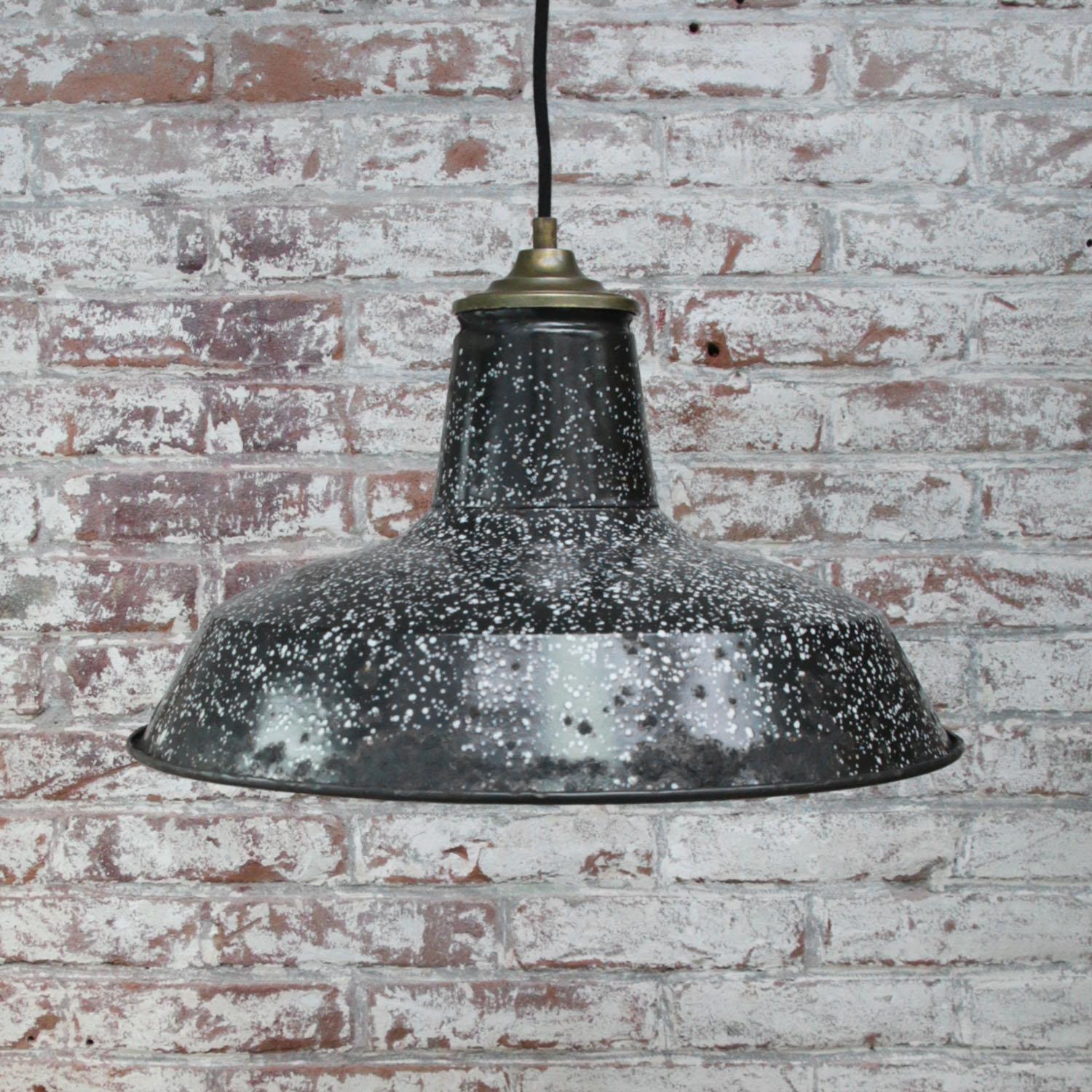 Belgian Black Speckled Enamel Vintage Industrial Pendant Lights For Sale 1