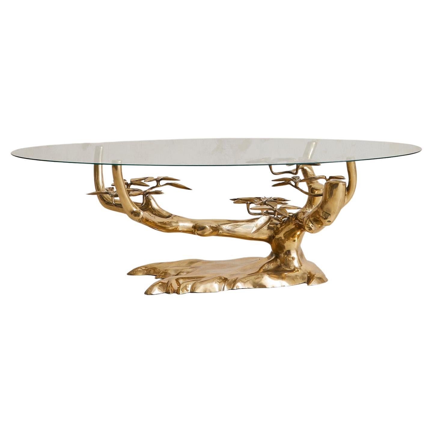 Belgian Brass Bonsai Coffee Table with Ellipse Glass Top by Willy Daro, 1970s in vendita